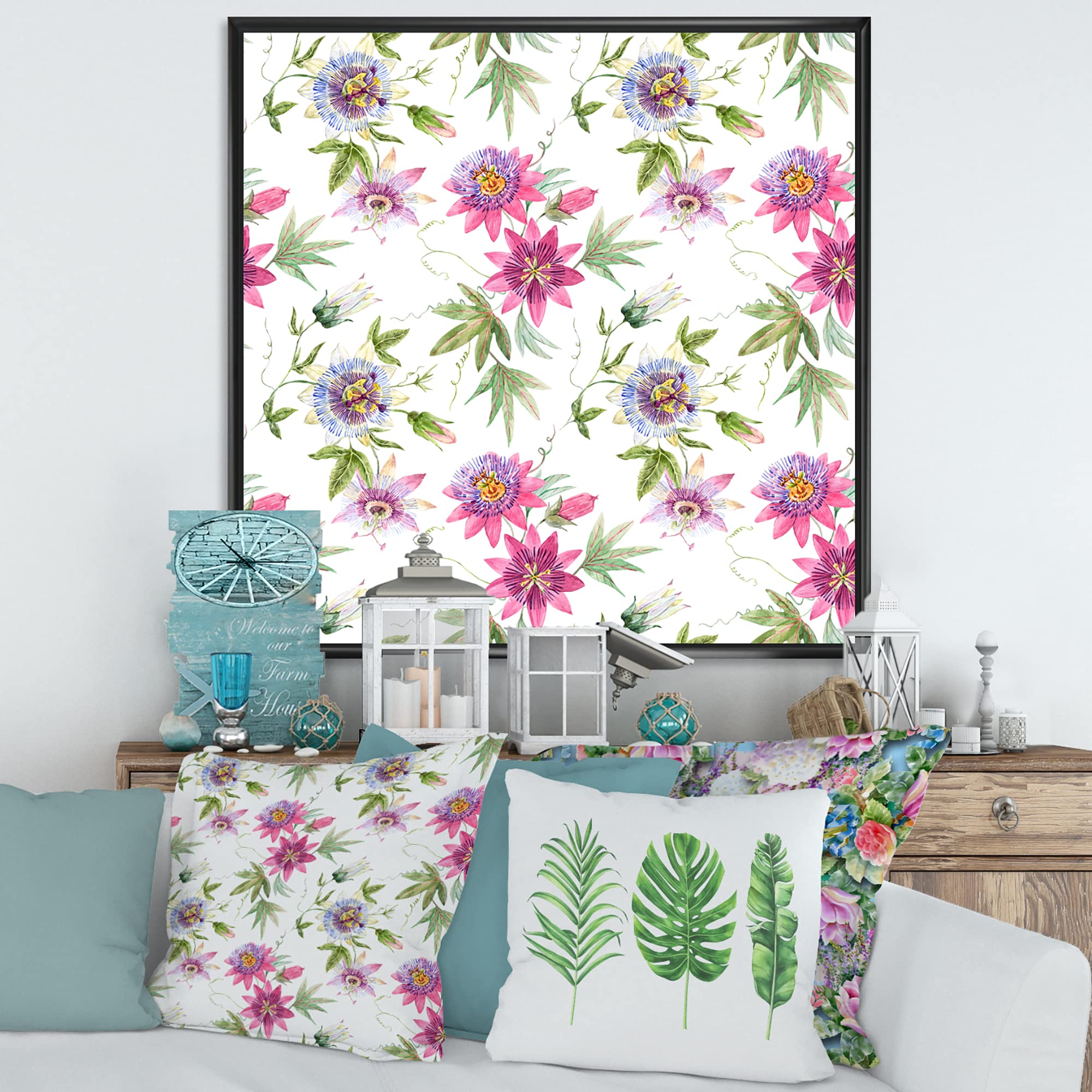 DesignQ Pink Passionflower Framed Canvas Wall Art Print - Vibrant Floral Home Decor for Living Room, Bedroom & Office