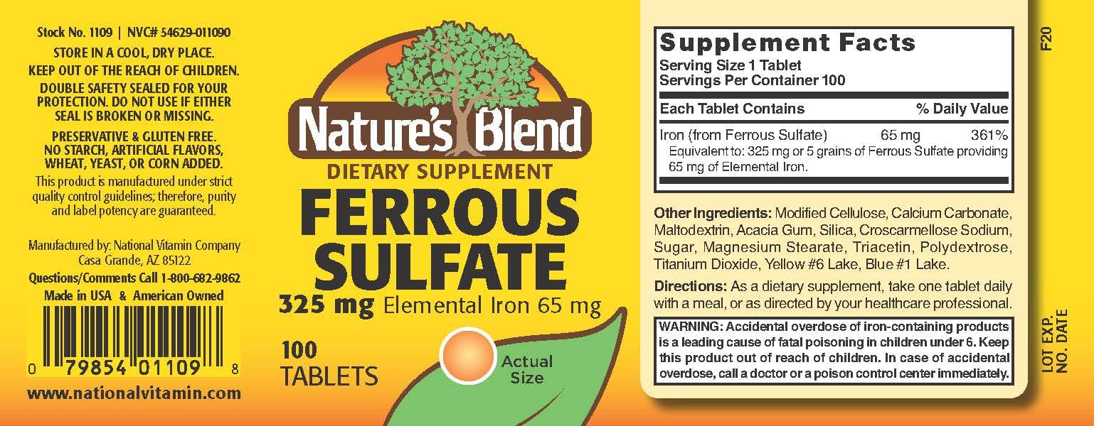 Nature's Blend Iron Ferrous Sulfate 325mg BPK - 100 Count Iron Supplement Tablets for Anemia & Energy Boost - Supports Healthy Blood & Vitality for Men & Women