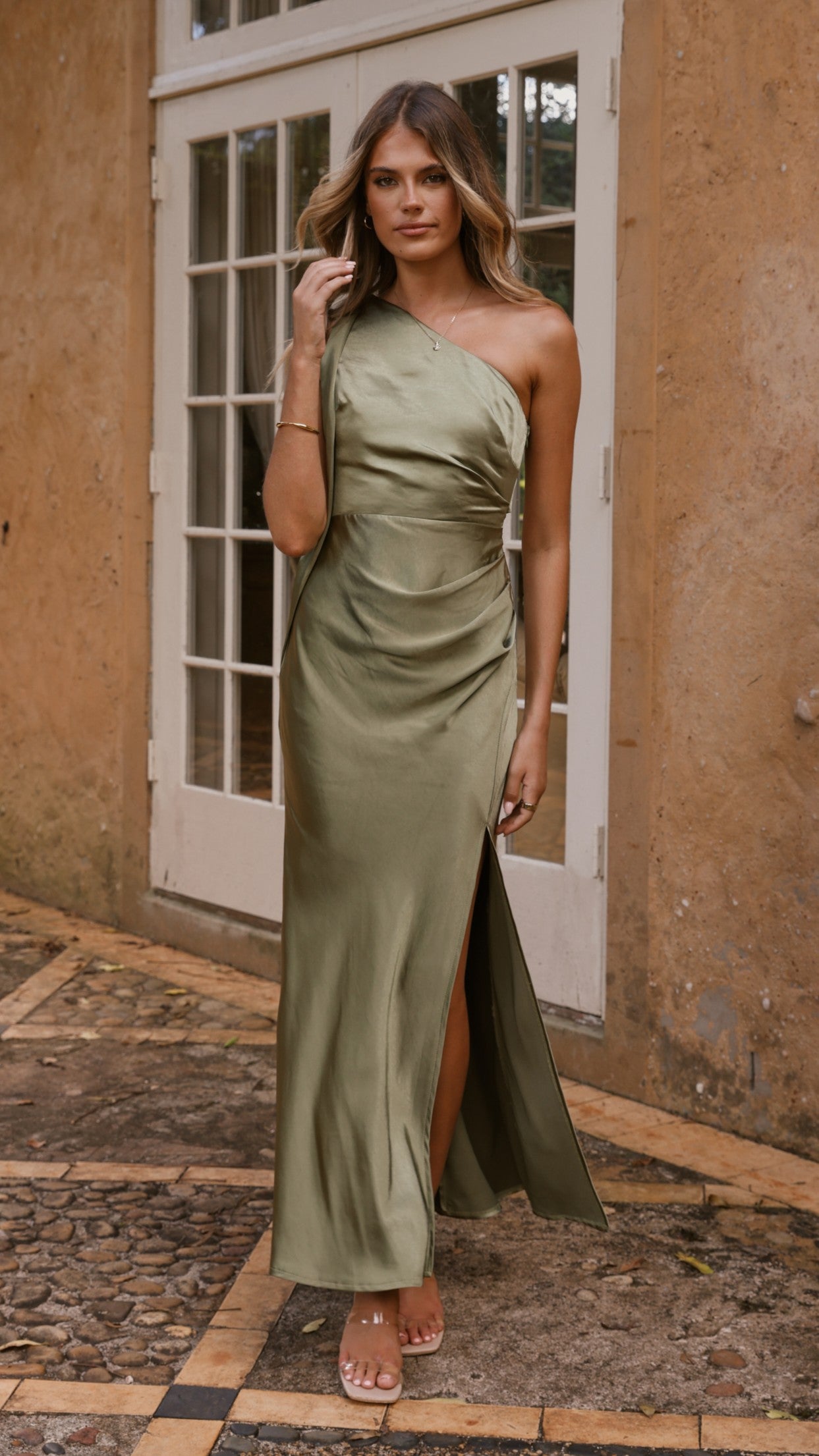 Elegant One Shoulder Long Maxi Dress for Women - Olive Green, Flowy Summer Beach Dress for Vacation, Party, and Evening Wear
