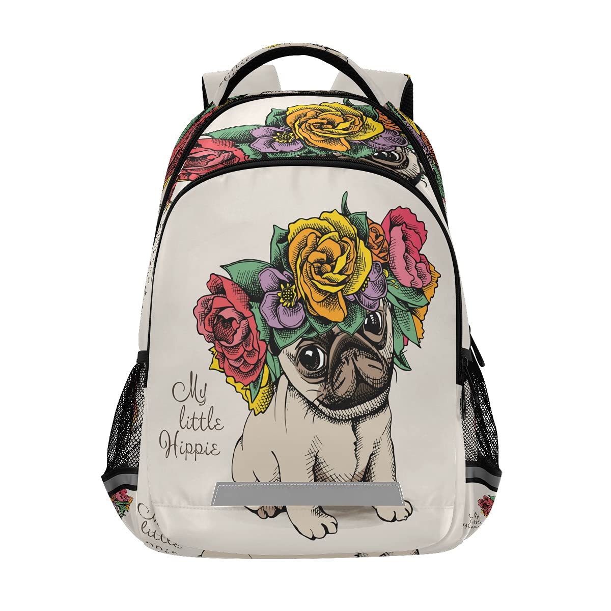 Hippie Pug Puppy with Rose Print Backpack - Cute School Bag for Girls, Boys & Teens - Lightweight Travel Backpack for College, Hiking & Daily Use