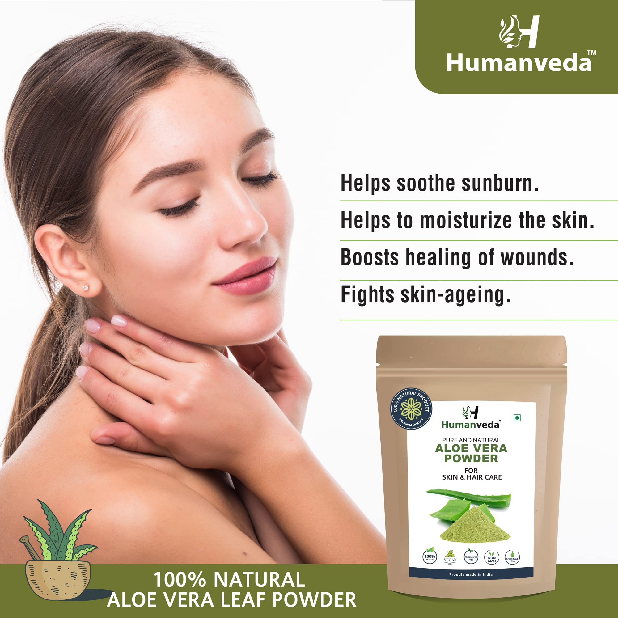 Humanveda Natural & Herbal Aloe Vera Leaf (Aloe Barbadensis) Powder - 100g for Face & Hair Care | Hydrating, Moisturizing, Soothing Skin Treatment | Perfect for DIY Skincare, Hair Masks & Sunburn Relief