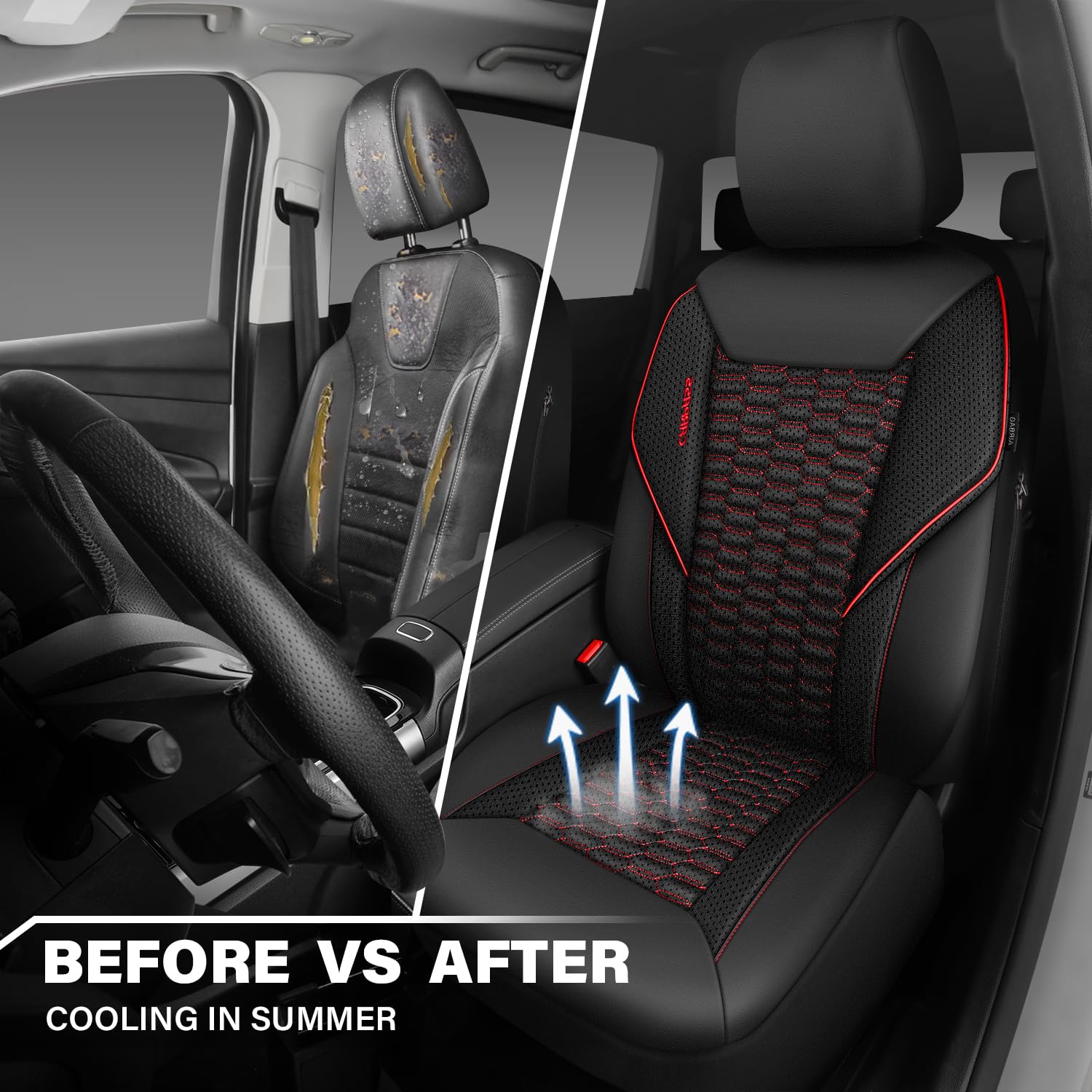 3D Foam Mesh Leather Car Seat Covers - Universal Fit for SUV, Truck & Sedan - Air Cool Front Seat Covers with Armrest & Airbag Compatibility (Black & Red) - Perfect for Summer Driving & Long Road Trips