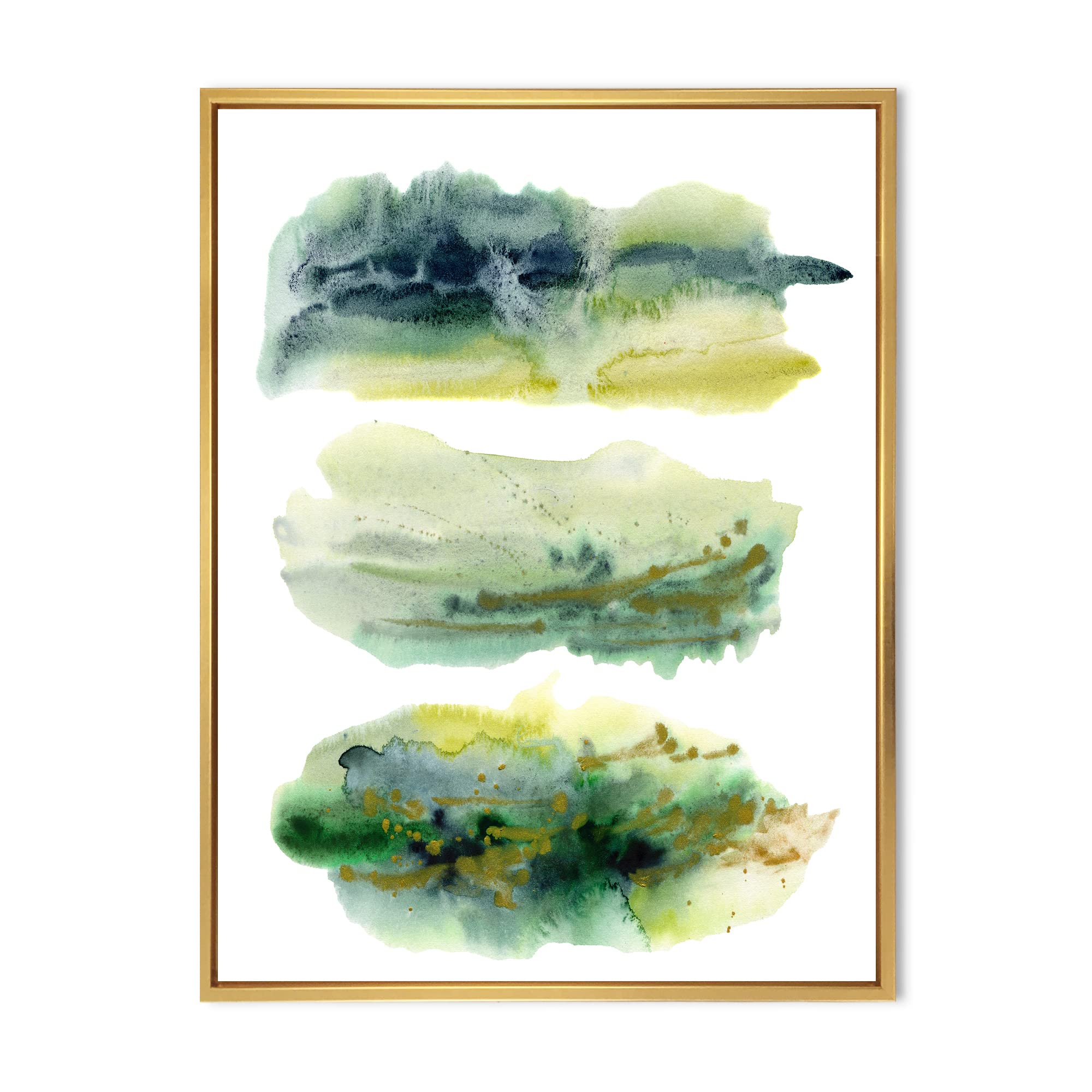 DesignQ Golden Green Abstract Clouds with Blue Points - Modern Framed Canvas Wall Art Print for Living Room, Bedroom & Office Decor