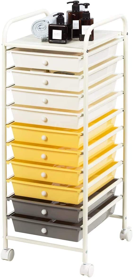 ARLIME 10-Drawer Rolling Storage Cart - Mobile Organizer for Office, School & Craft Supplies - Beige, Yellow & Grey - Perfect for Paper, Stationery & Scrapbook Organization - Ideal Workspace & Classroom Storage Solution