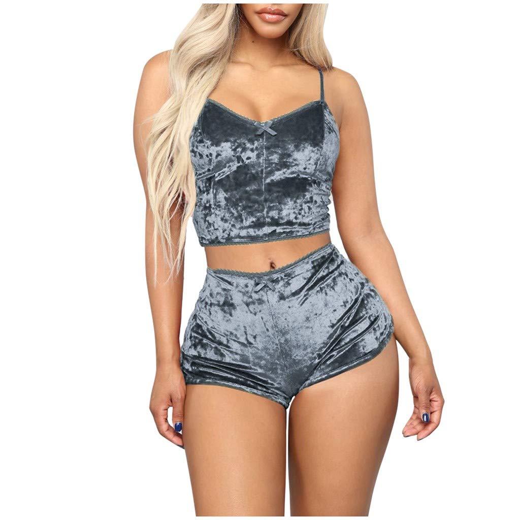 Stylish Women's Velvet Romper Two Piece Set - Spaghetti Strap Crop Top & Shorts Jumpsuit for Summer, Gym & Casual Wear | Trendy Outfit for Date Night, Beach & Lounge