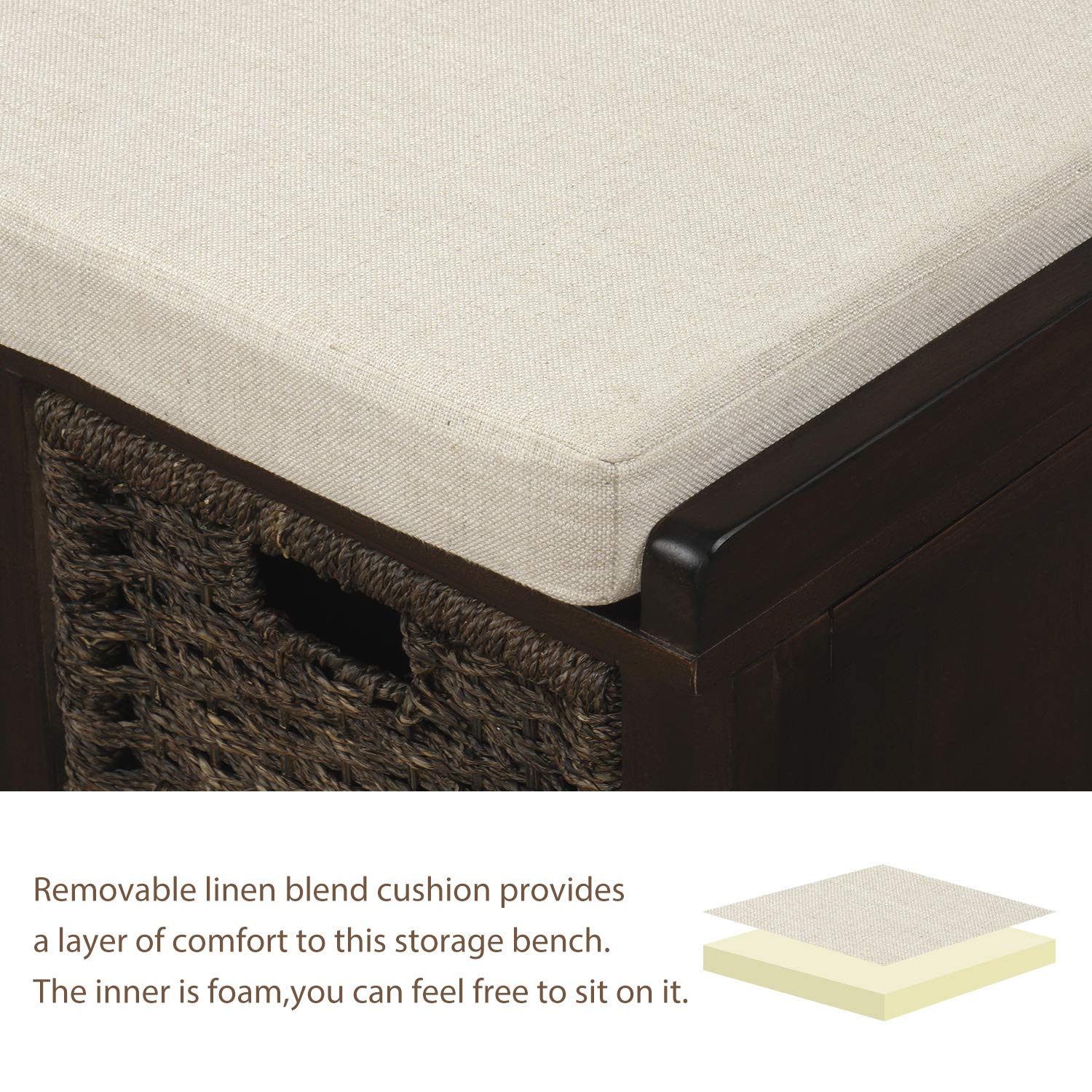 Harper & Bright Designs Rustic Entryway Storage Bench with 3 Removable Baskets & Cushion - Shoe Organizer Bench for Living Room, Hallway, Bedroom - Perfect for Small Space Organization & Home Decor