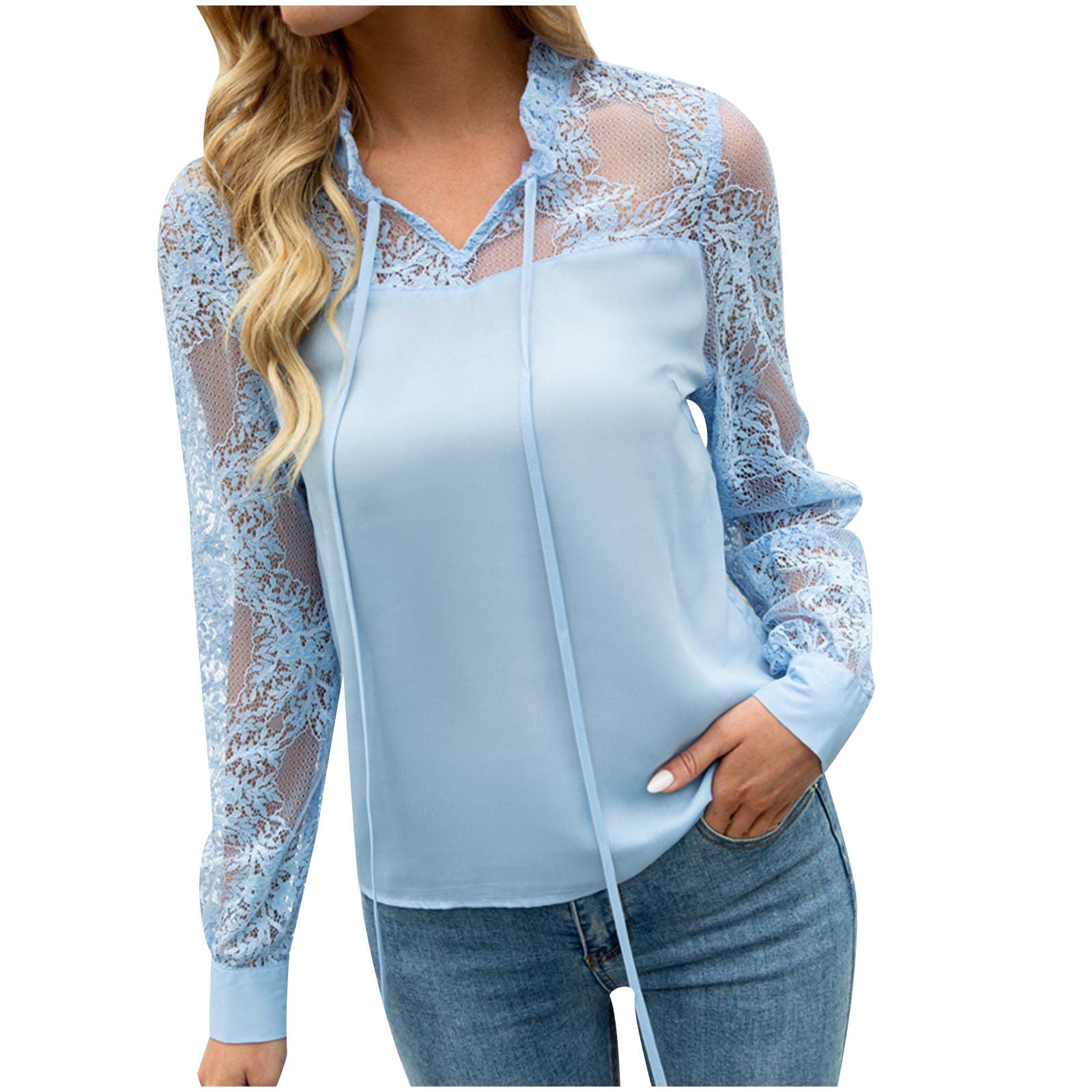Women's Casual Boho Lace Long Sleeve Blouse - Stylish Drawstring Chiffon Top for Dressy & Everyday Wear | Perfect for Office, Date Night & Spring Outfits