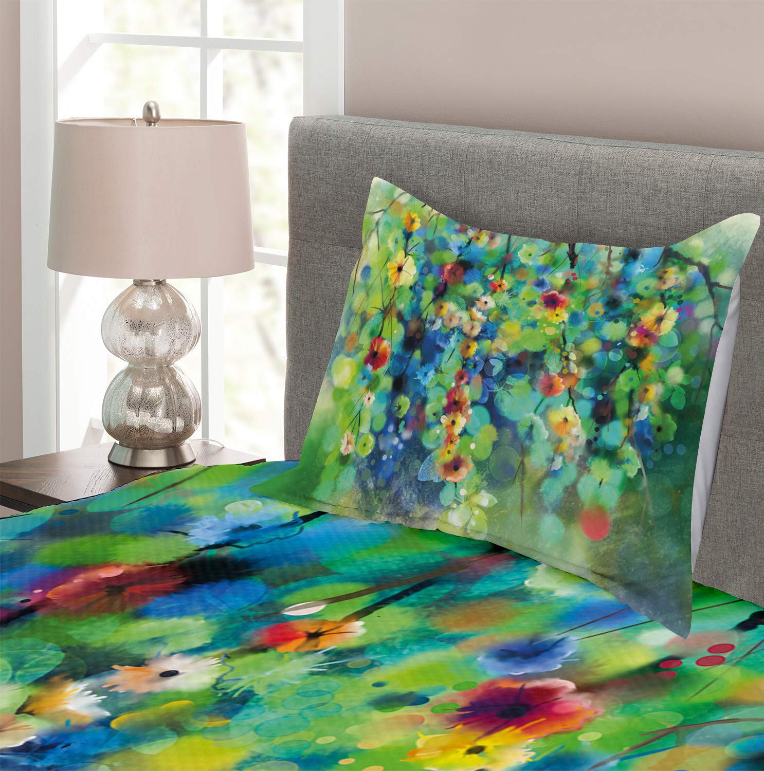 Ambesonne Floral Bedspread Set - 3-Piece Spring Bloom Design with 2 Pillow Shams, Twin Size Green Blue Bedding for Seasonal Decor | Perfect for Guest Rooms, Spring Refresh & Boho Bedroom Makeover