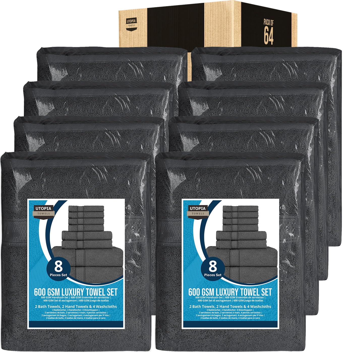 Premium 64-Piece Utopia Cotton Towel Set - 16 Bath Towels, 16 Hand Towels, 32 Washcloths - 600 GSM Ring Spun Highly Absorbent Bath & Shower Towels for Spa, Gym, Hotel & Home Use (Grey)