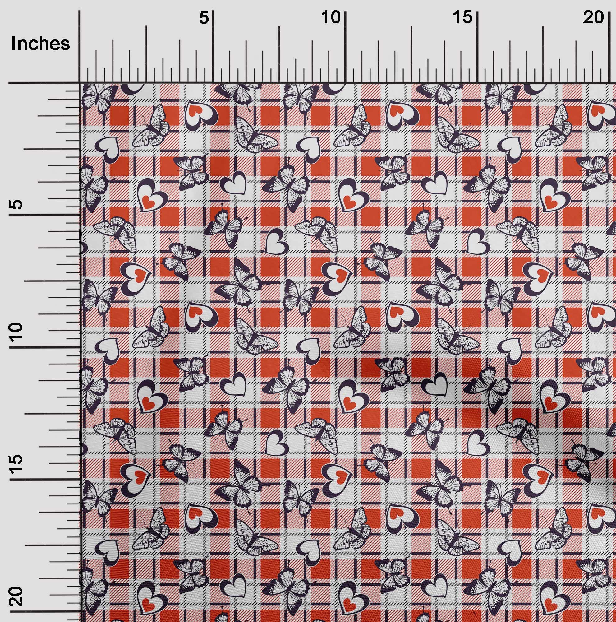 oneOone Cotton Flex Orange Fabric Checks Heart Print - 40 Inch Wide Sewing Fabric by The Yard for DIY Clothing, Quilting & Crafts | Perfect for Dresses, Shirts & Home Decor Projects