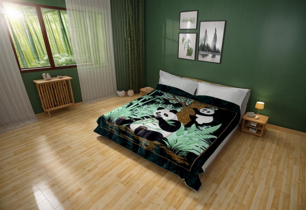 Premium Thick Mink Plush Blanket - Korean Style Queen Size Soft Cozy Throw (Green Pandas BM86) for Bed, Sofa, Couch & Home Decor