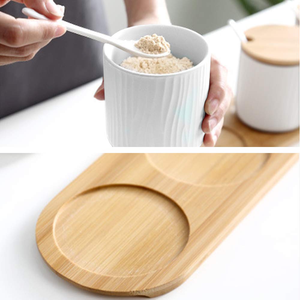 Premium Ceramic Spice Jars with Wooden Lids & Spoons - 10oz Spice Storage Containers Set of 3 for Kitchen Organization - Perfect for Storing Spices, Herbs, Coffee, Tea, Sugar & Seasonings - Ideal for Home Cooking, Baking & Coffee Bars