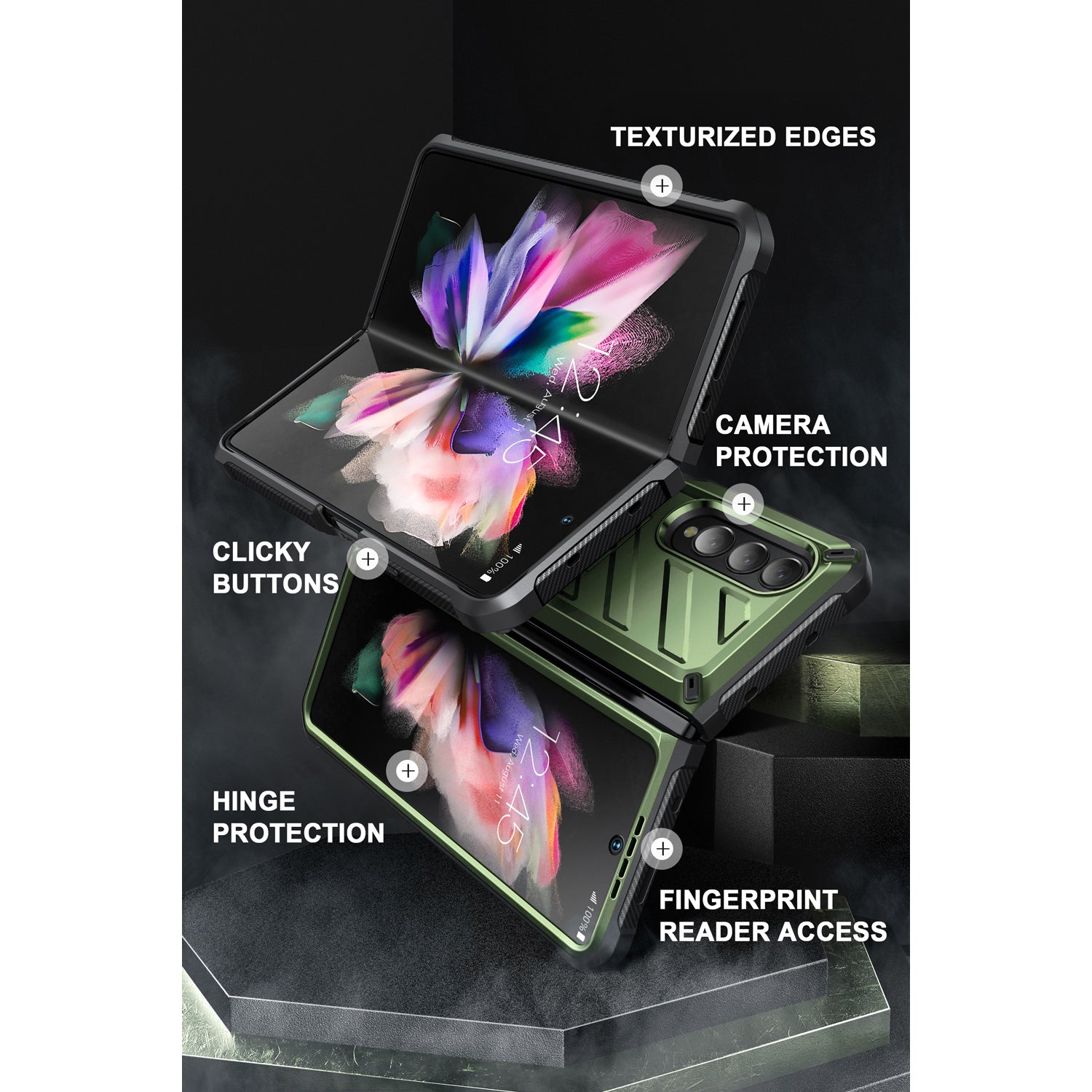 Samsung Galaxy Z Fold 3 Case with Built-in Kickstand & Screen Protector | Dark Green Protective Cover for Work, Travel & Everyday Use
