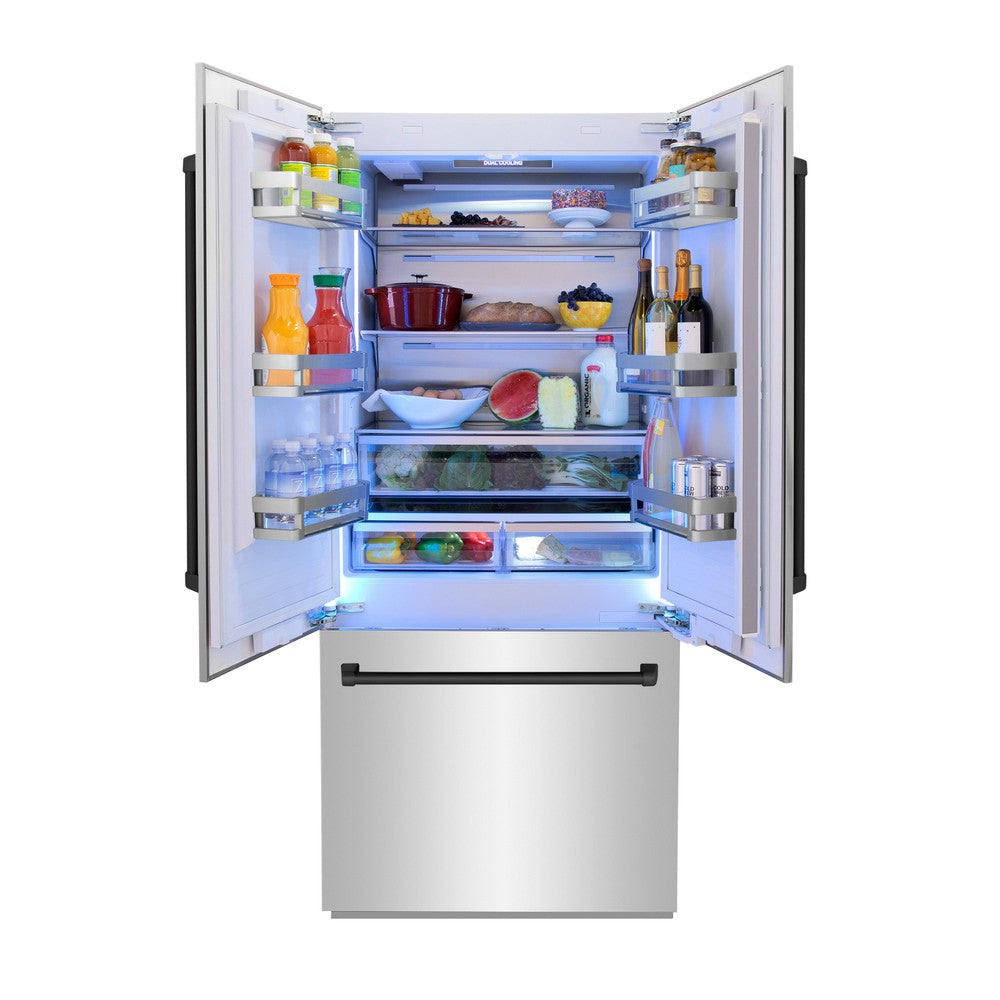 ZLINE Autograph Edition 36 Inch French Door Built-In Refrigerator - 19.6 cu ft Bottom Freezer with Water Dispenser & Ice Maker - Stainless Steel with Matte Black Accents (RBIVZ 304 36 MB) - Perfect for Modern Kitchens, Open Concept Homes & Luxury Appliances Collection