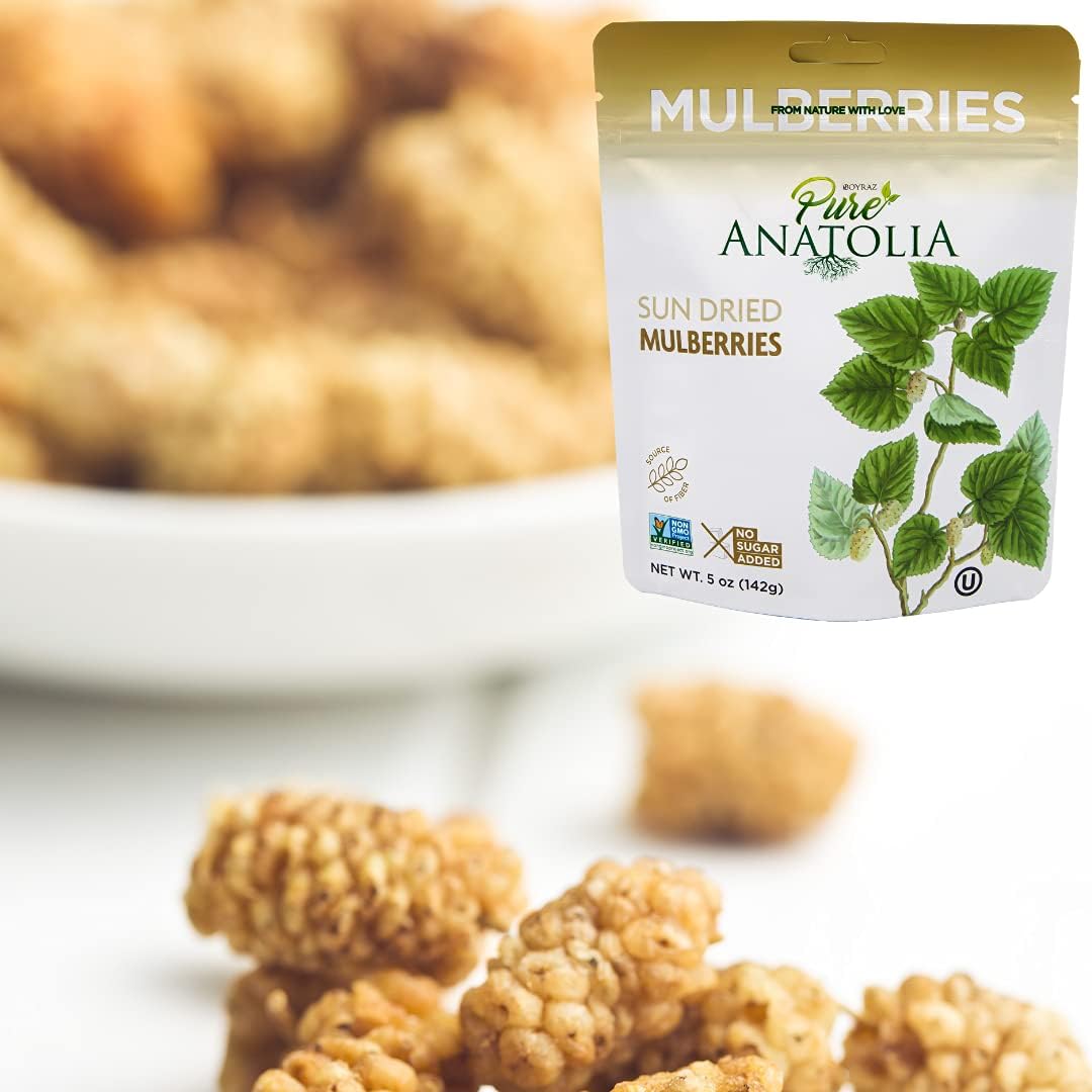 100% Sun-Dried White Mulberries by Pure Anatolia | Non-GMO, No Sugar Added, Sulfur-Free, Kosher Certified | Healthy Whole Fruit Fiber Snacks | 5 oz Resealable Pack | Perfect for Smoothies, Yogurt, Baking & On-the-Go Snacking
