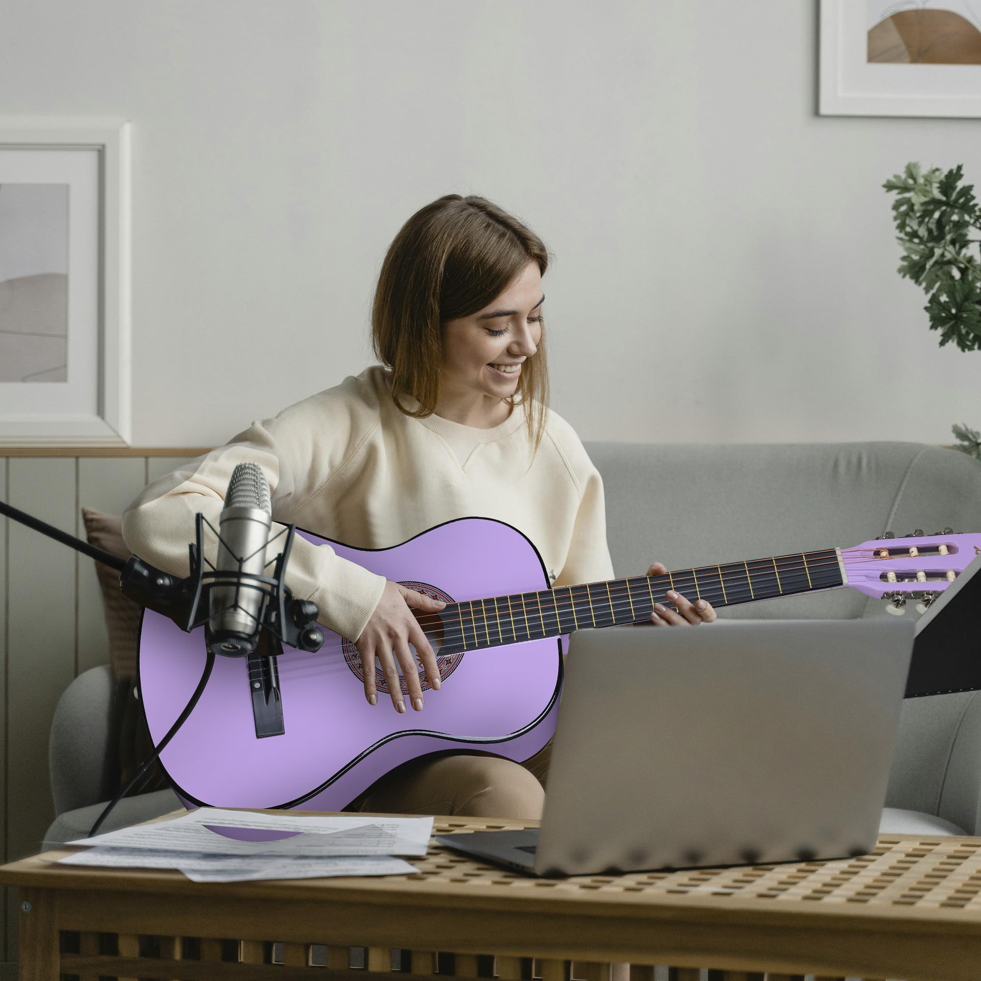 **ADM 38 Inch Beginner Acoustic Classical Guitar with Nylon Strings - Wooden Guitar Bundle Kit for Kids, Boys, Girls, Students & Youth - Includes Gig Bag, Strap, Tuner & Extra Strings (Purple) - Perfect for Online Lessons, Home Practice & Music Class Performances**