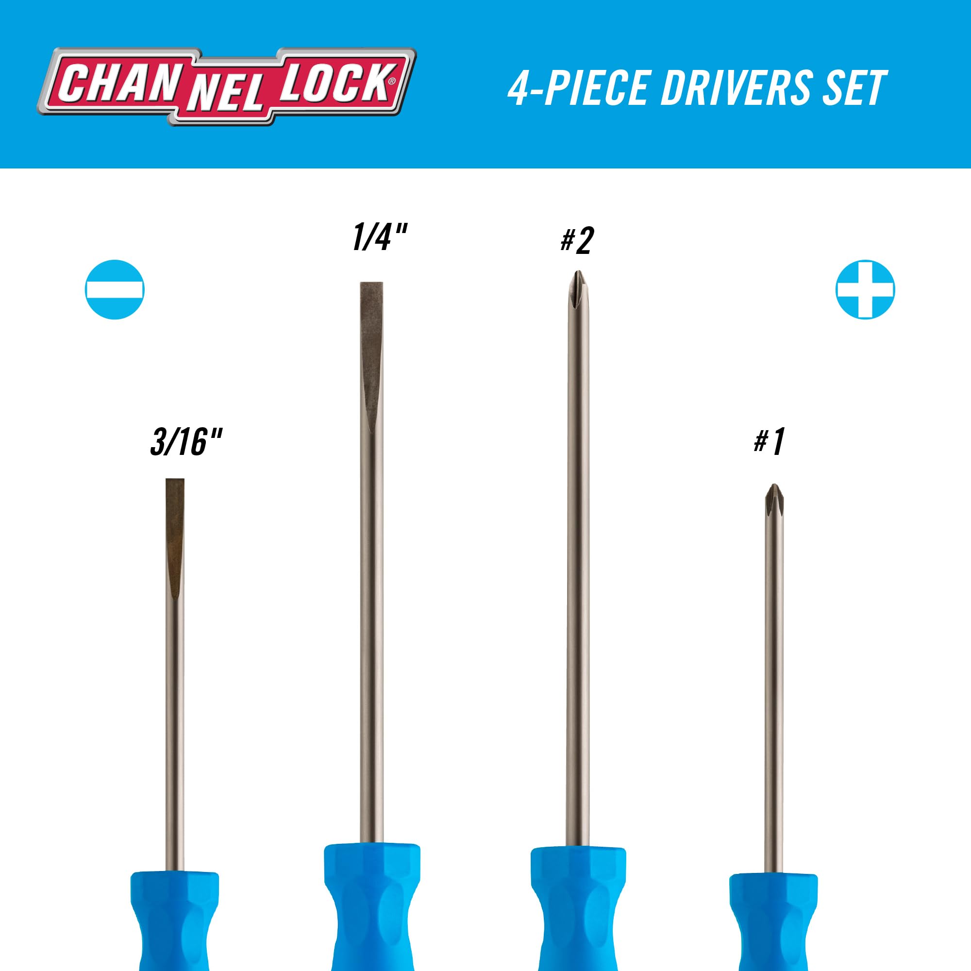 CHANNELLOCK SD-4H 4-Piece Magnetic Tip Screwdriver Set with Tri-Lobe Grip - USA Made for Home Repair, DIY Projects & Professional Use