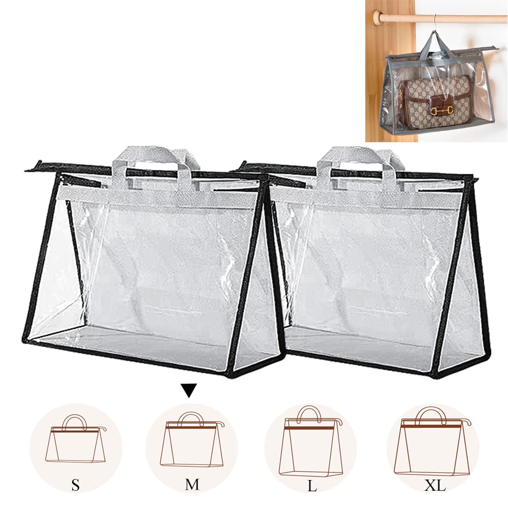 2PCS Clear Non-Woven Dust Bags for Handbags & Purses - Zippered Hanging Storage Organizer with Handle (Medium, Light Grey) - Perfect for Closet Organization & Luxury Bag Protection