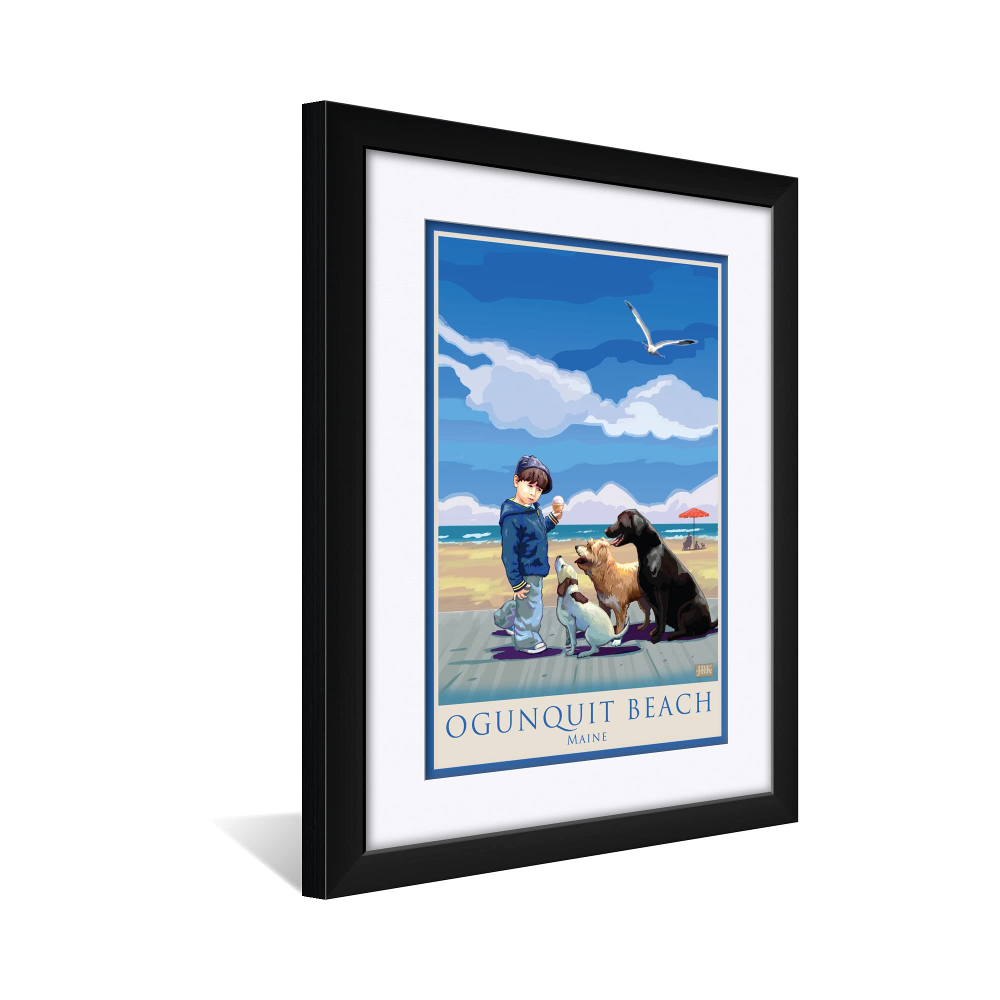 Ogunquit Beach Maine Dog Art Print - Professionally Framed & Matted 18x24 Inch Painting by Joanne Kollman - Perfect for Pet Lovers Home Decor & Coastal Themed Living Rooms
