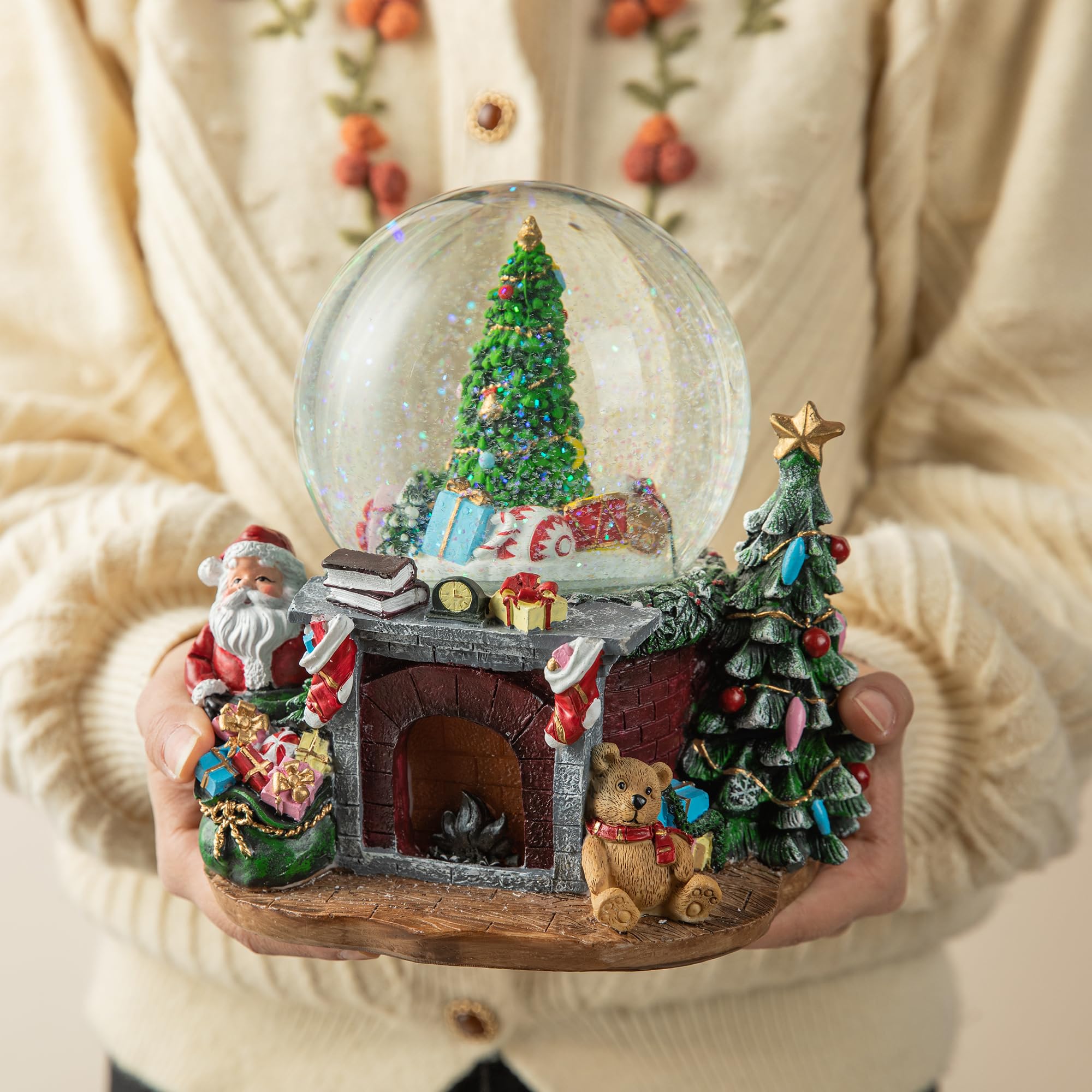 Glitzhome 120mm Musical Christmas Snow Globe with Resin Tree & Swirling Glitter - Holiday Home Decor for Fireplace, Tabletop, Xmas Party Gifts (Perfect for Winter Decorations, Office Decor & Christmas Gift Giving)