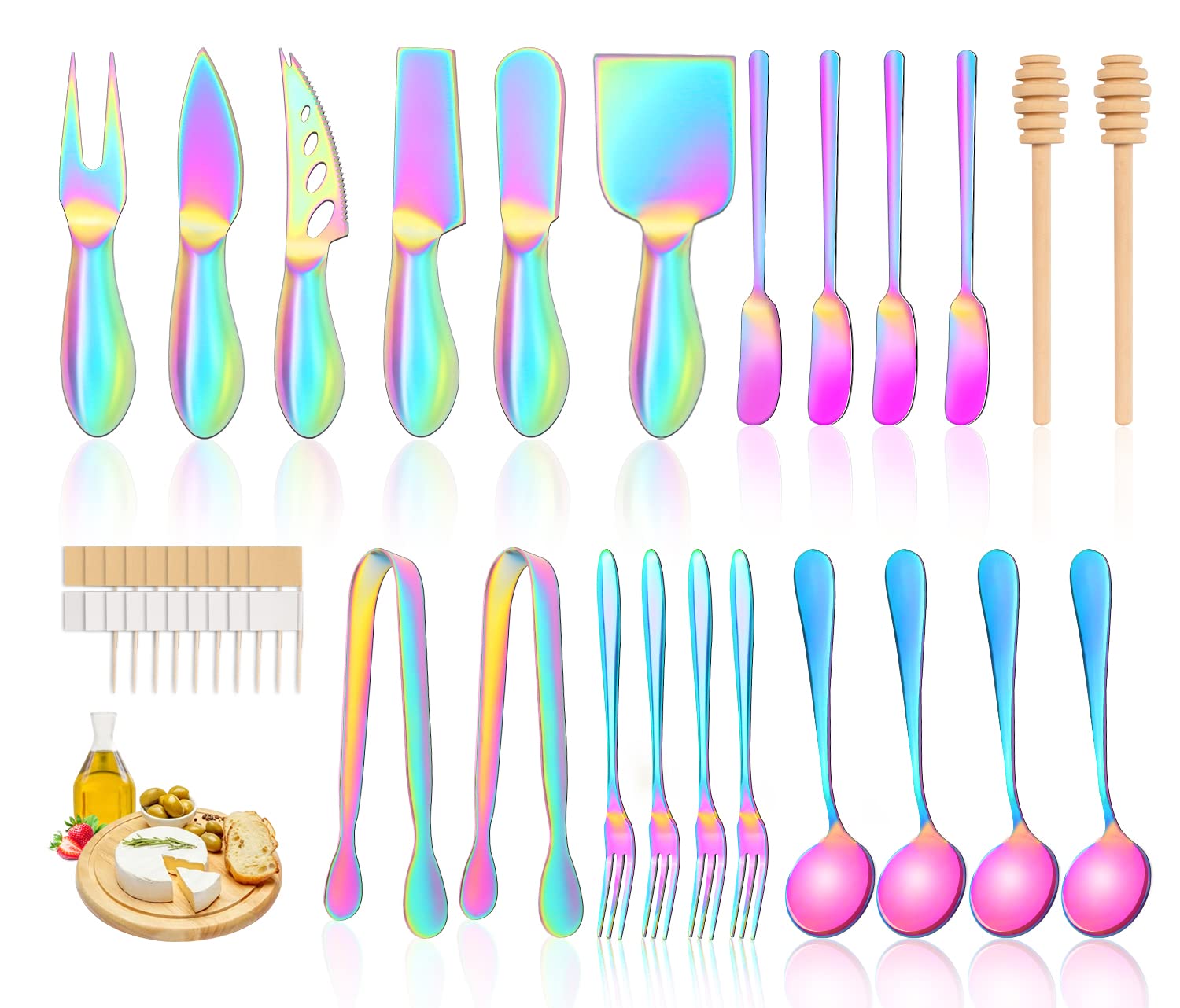 Colorful Stainless Steel Cheese Spreader Knife Set - Butter Knives Kit for Cheese & Charcuterie Boards with Mini Slicer, Tongs, Spoons, Forks & Wooden Honey Dipper - Perfect for Parties, Picnics & Gourmet Entertaining