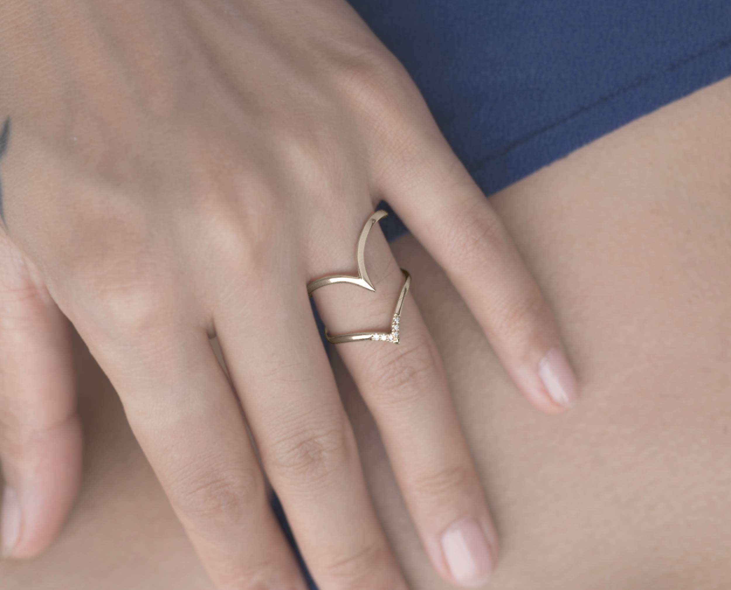 Majade 14K Yellow Gold Wedding Ring Set - Handmade Diamond V Chevron Engagement & Matching Bands for Couples | Minimalist Bridal Jewelry for Weddings, Anniversaries & Romantic Occasions
