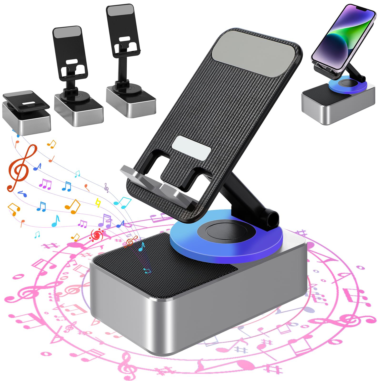 5-in-1 Wireless Bluetooth Speaker with Induction Charging | 360° Rotating Foldable Phone Holder | Built-in Power Bank & Colorful Ambient Lights | Anti-Slip Base (Grey) - Perfect for Home, Office, Outdoor Parties & Emergency Charging