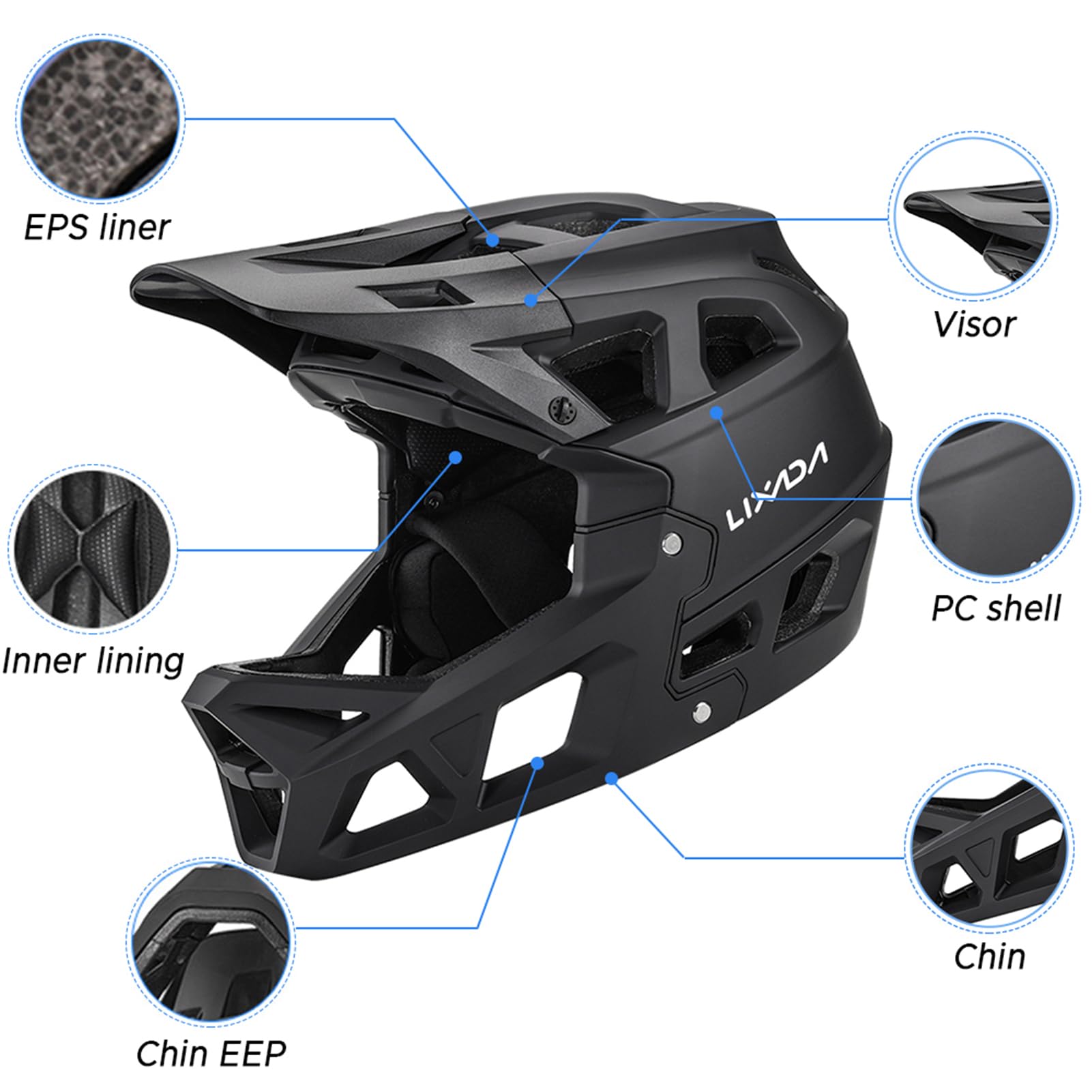 Lixada Full Face Mountain Bike Helmet for Adults - Lightweight MTB Helmet with Removable Pads & Visor - Comfortable Downhill Cycling Helmet for Men & Women - Perfect for Trail Riding, Enduro Racing and Mountain Biking Adventures