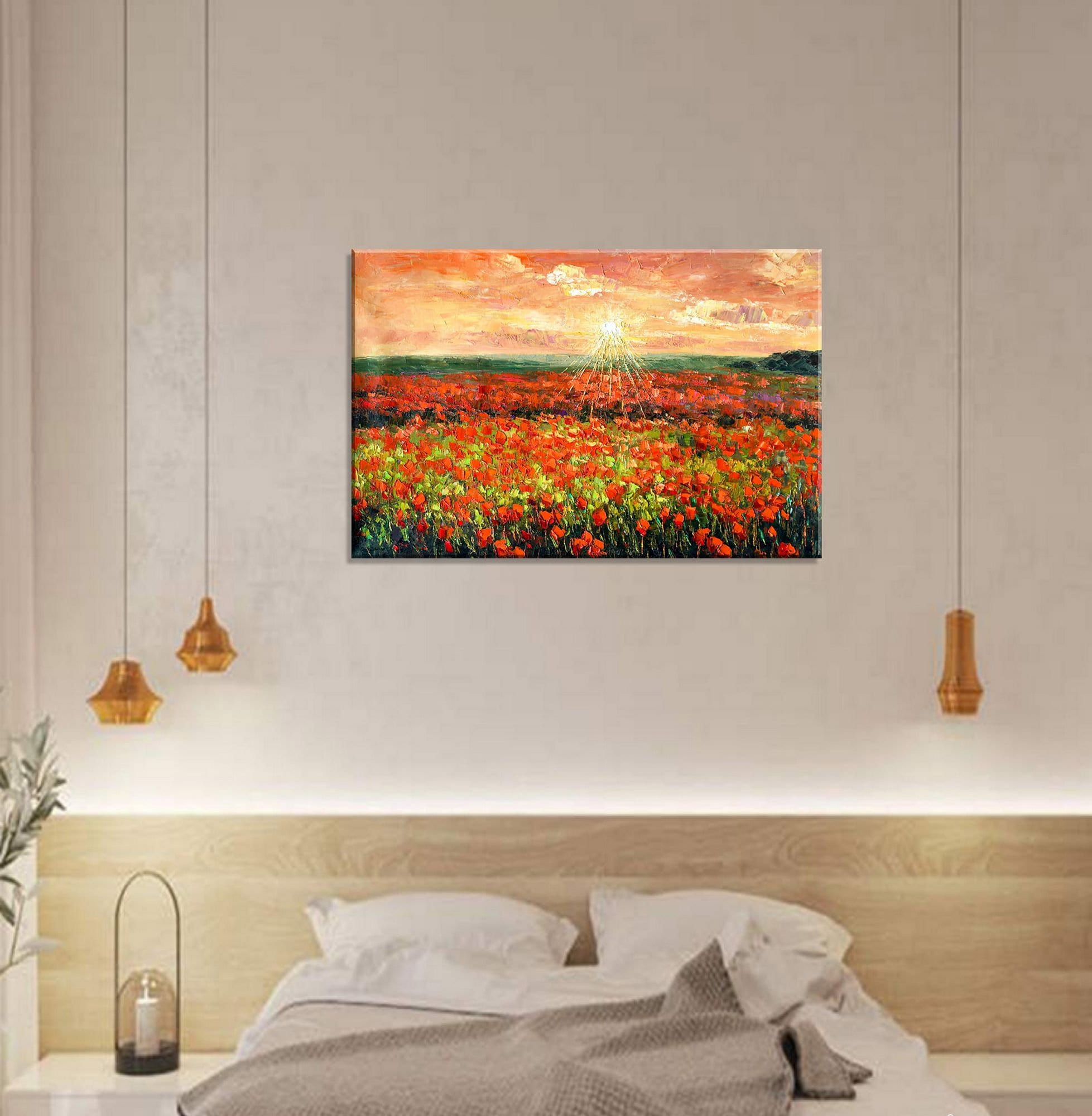 Original Large Landscape Oil Painting - Poppy Fields at Dawn Canvas Wall Art Decor for Living Room, Bedroom & Kitchen | Handmade Floral Artwork | Premium Home Decor Gift