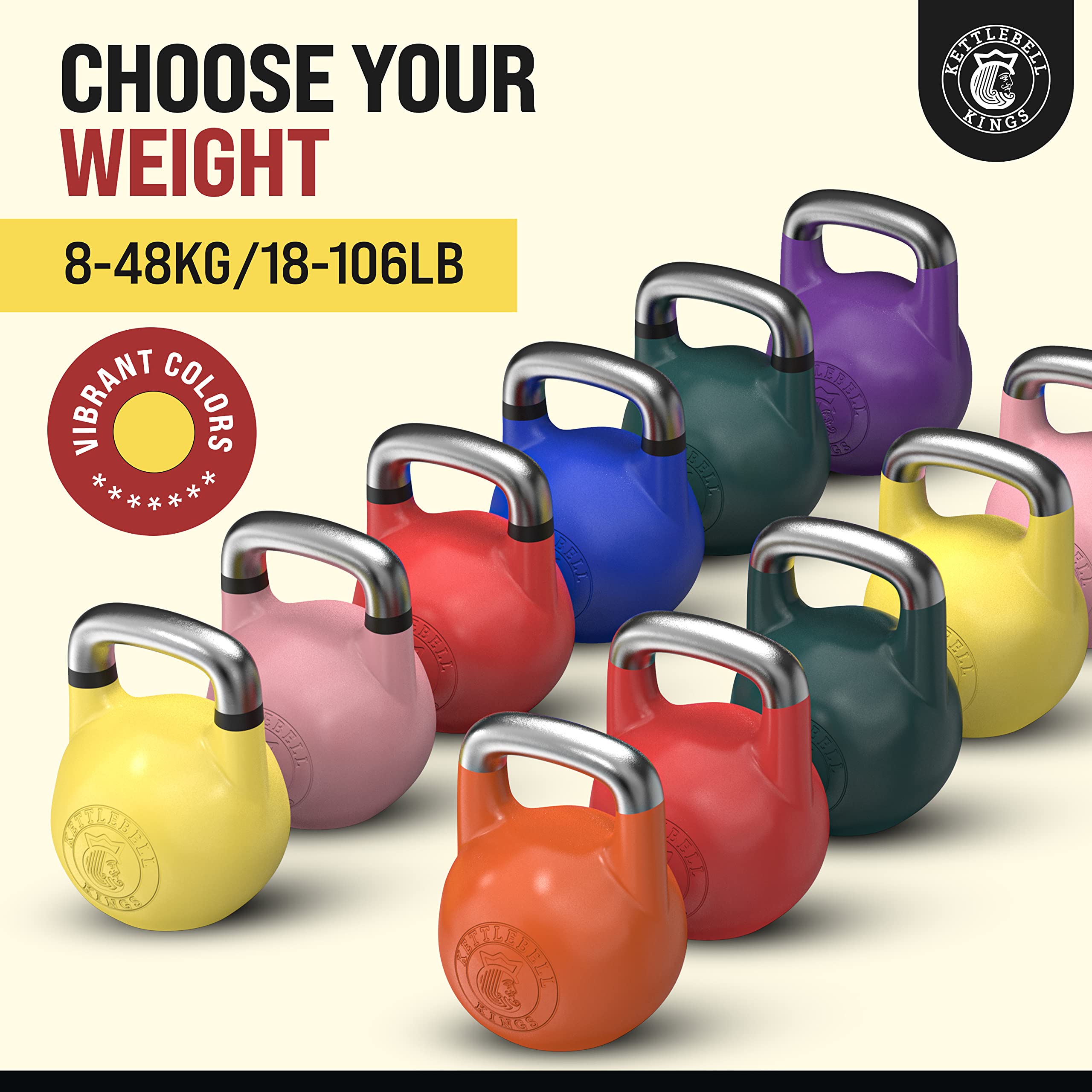 Kettlebell Kings Competition Kettlebells 8-48kg (35mm Handle) - Premium Weight Lifting Equipment for Home Gym & Strength Training | Ideal for HIIT, CrossFit & Functional Fitness Workouts for Men & Women | Perfect for High Repetition Exercises, Powerlifting & Full-Body Conditioning