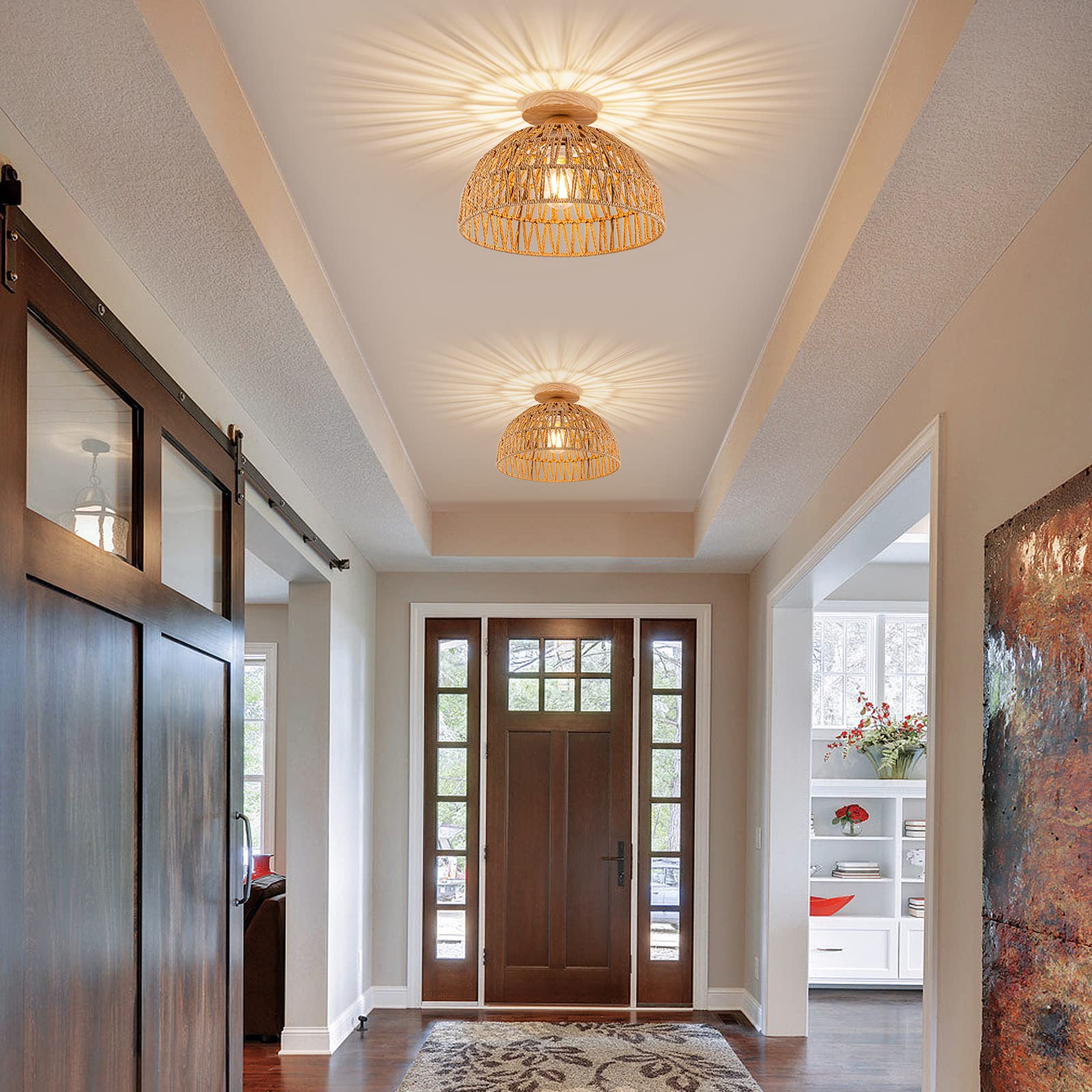 Boho Rattan Ceiling Light Fixture - Hand-Woven Flush Mount Chandelier with Wooden Base - Natural Woven Lamp Shade for Hallway, Bedroom, Kitchen & Nursery - Perfect for Boho, Farmhouse & Coastal Home Decor