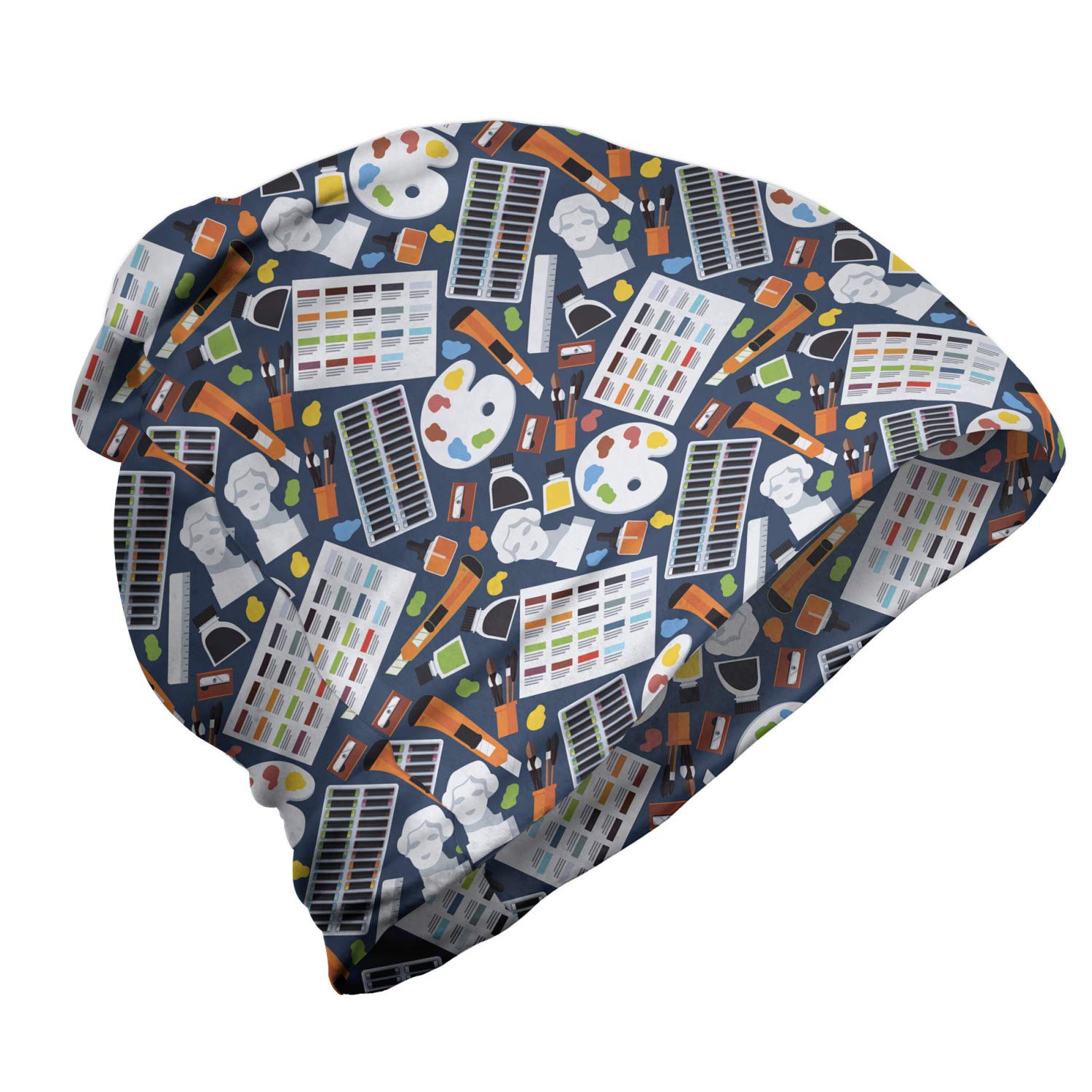 Ambesonne Unisex Beanie - Artist Supplies Pattern Multicolor Knit Hat for Men & Women | Warm Winter Beanie for Hiking, Camping & Outdoor Activities