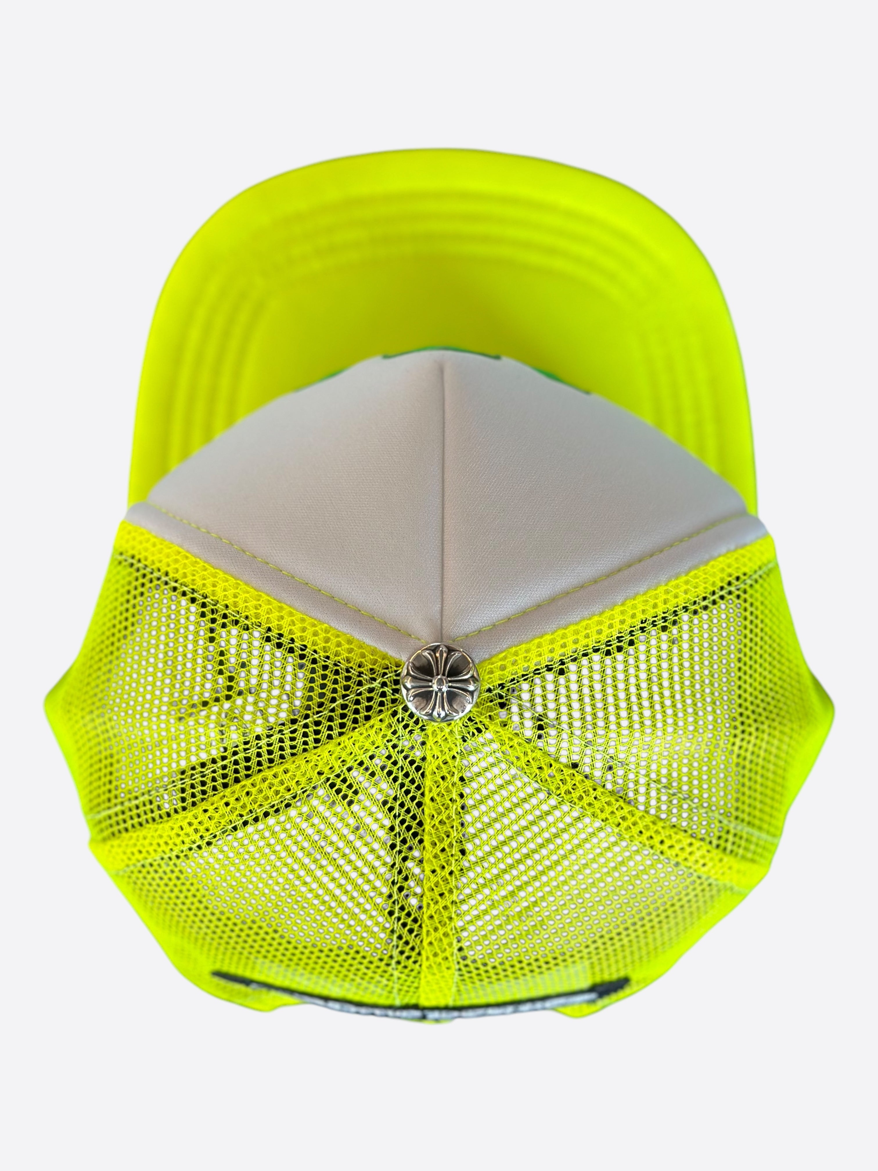 Chrome Hearts Neon Yellow Cemetery Cross Patch Trucker Hat - Stylish Embroidered Snapback Cap for Men & Women - Perfect for Streetwear, Concerts, and Outdoor Adventures