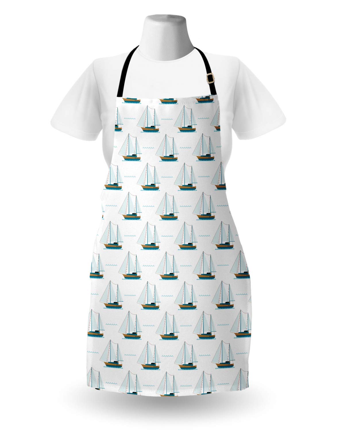 Ambesonne Sailboat Apron - Nautical Sailing Motif Print Kitchen Bib with Adjustable Neck - Unisex Cooking Gardening Apron for Adults - White & Pale Brown - Perfect for Home Chefs, BBQ, and Outdoor Cooking