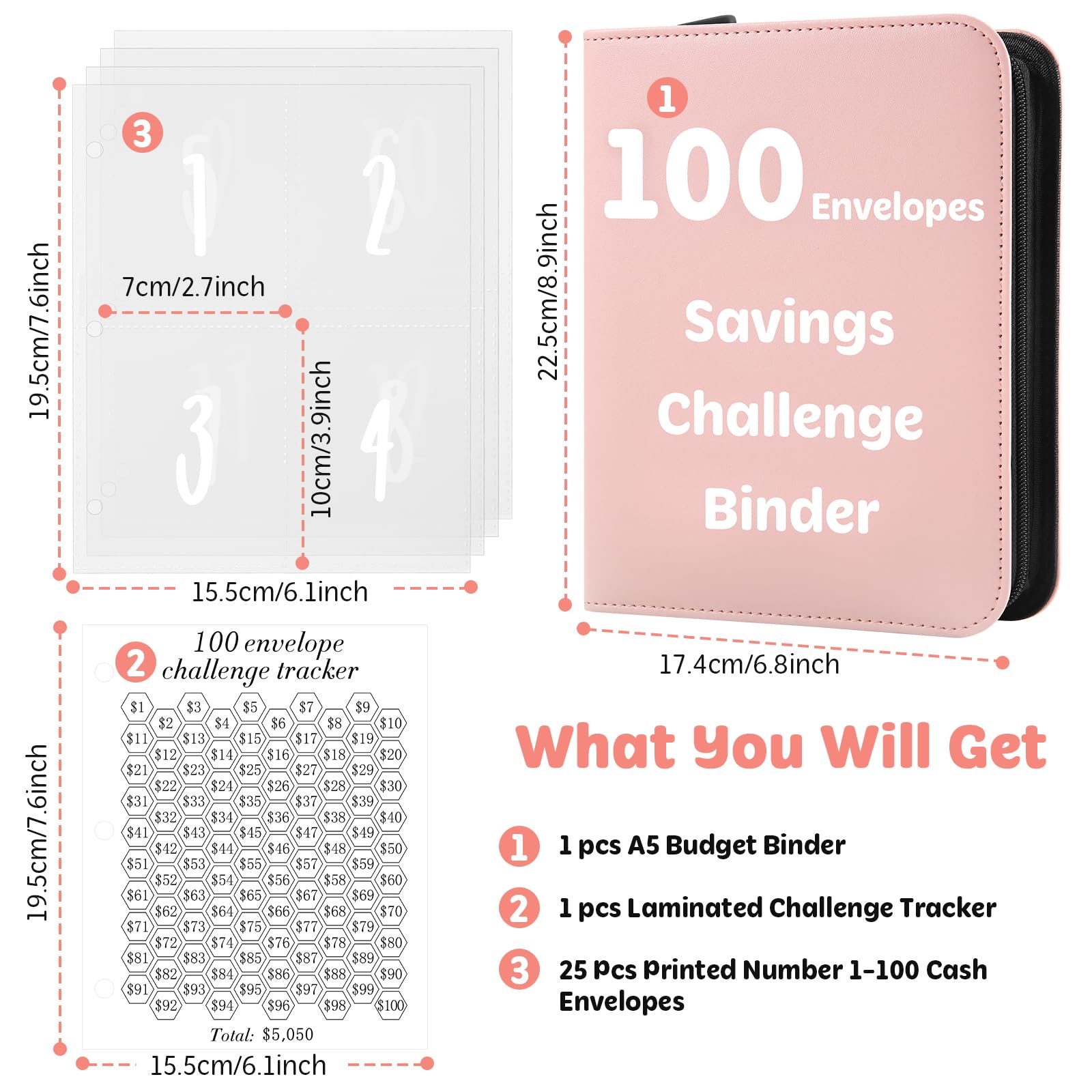 100 Envelopes Money Saving Challenge Binder with Laminated Tracker - Budget Organizer with Cash Envelopes & Zippered Savings Book to Save $5,050 (Pink) - Perfect for Personal Finance, Cash Budgeting & Debt Payoff Goals