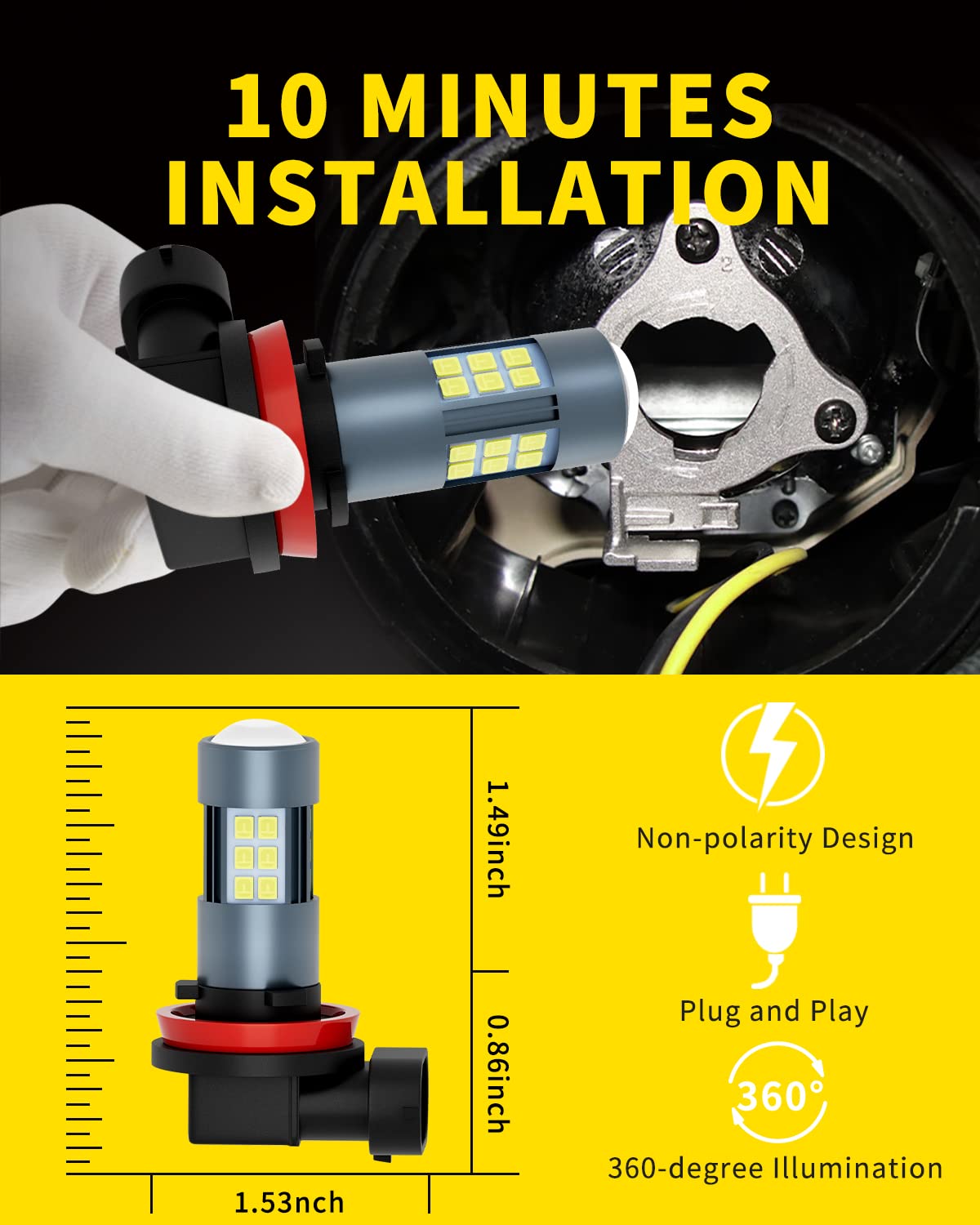 H11 H8 H9 H16 LED Fog Light Bulbs & DRL - 3000 Lumens Super Bright, 6000K Xenon White - 300% Brighter - Non-Polarity Plug & Play - 360° Illumination with 27 SMD Chips - Perfect for Car, Truck, SUV Headlights (Pack of 2) - Ideal for Night Driving, Foggy Conditions & Off-Road Adventures