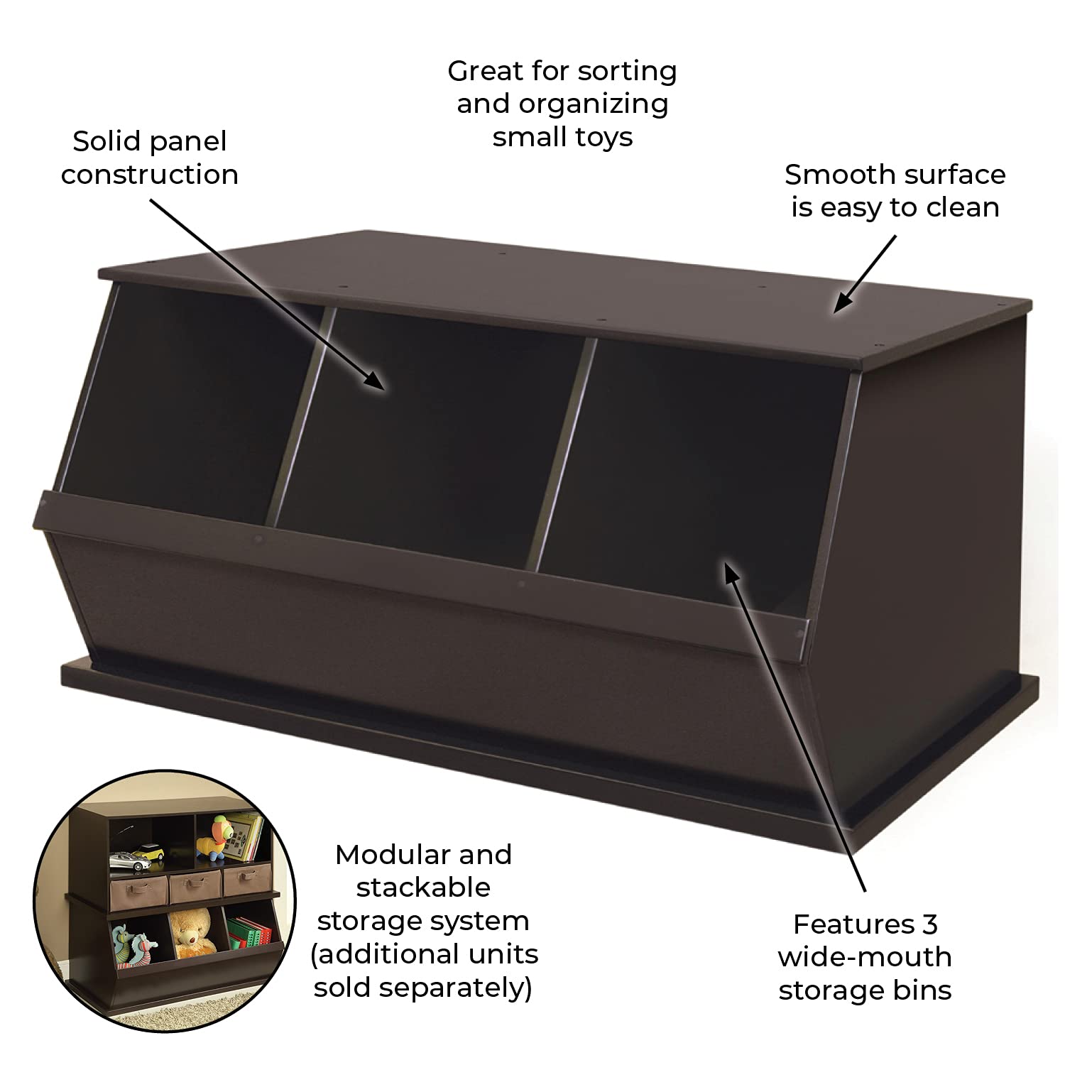 Badger Basket 3-Bin Stackable Toy Storage Organizer - Espresso Finish | Kids Room, Playroom & Nursery Organization Solution