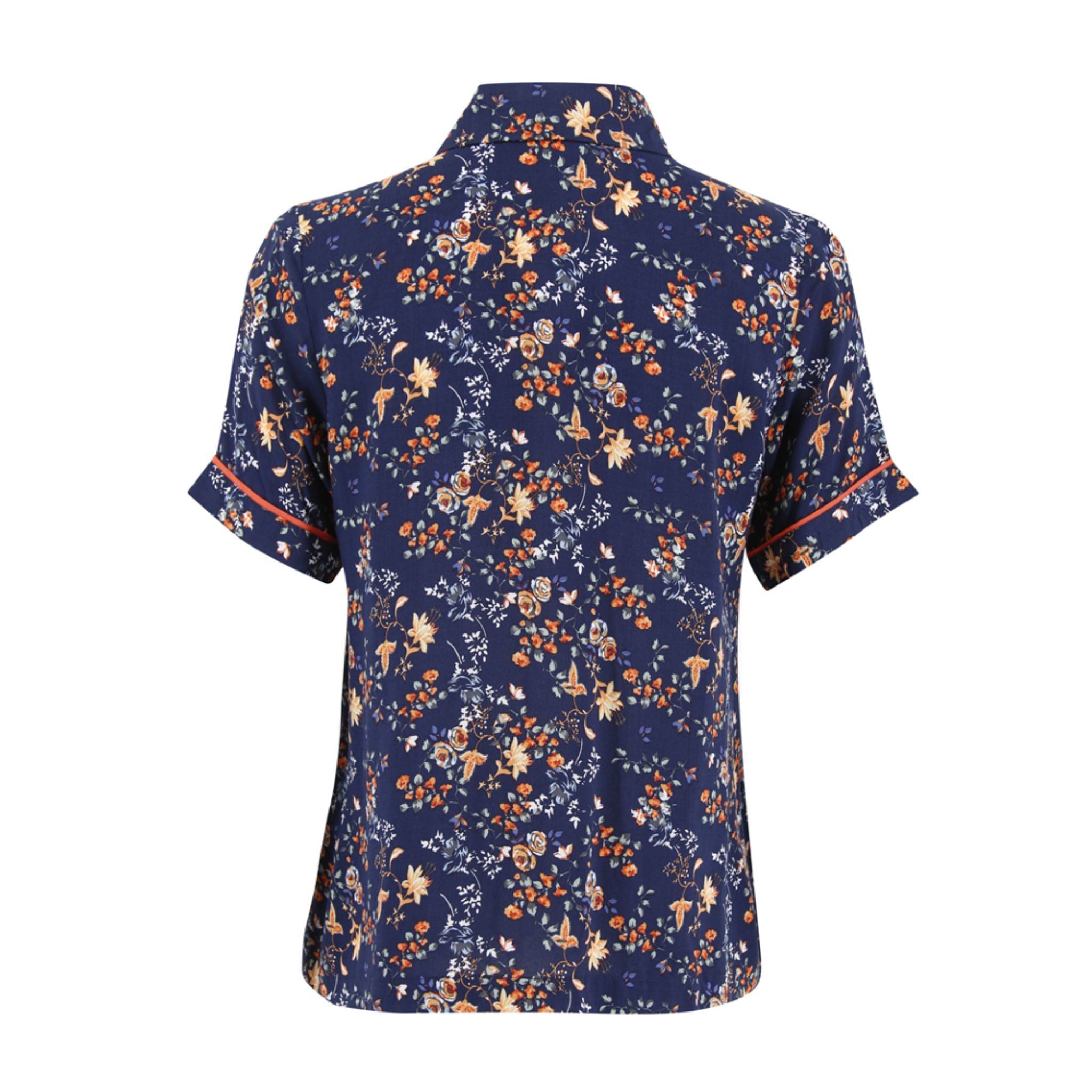 ENRO Mix Fabric Button Down Blouse with Piping Detail - Blue Printed Women's Shirt for Work, Office & Casual Wear