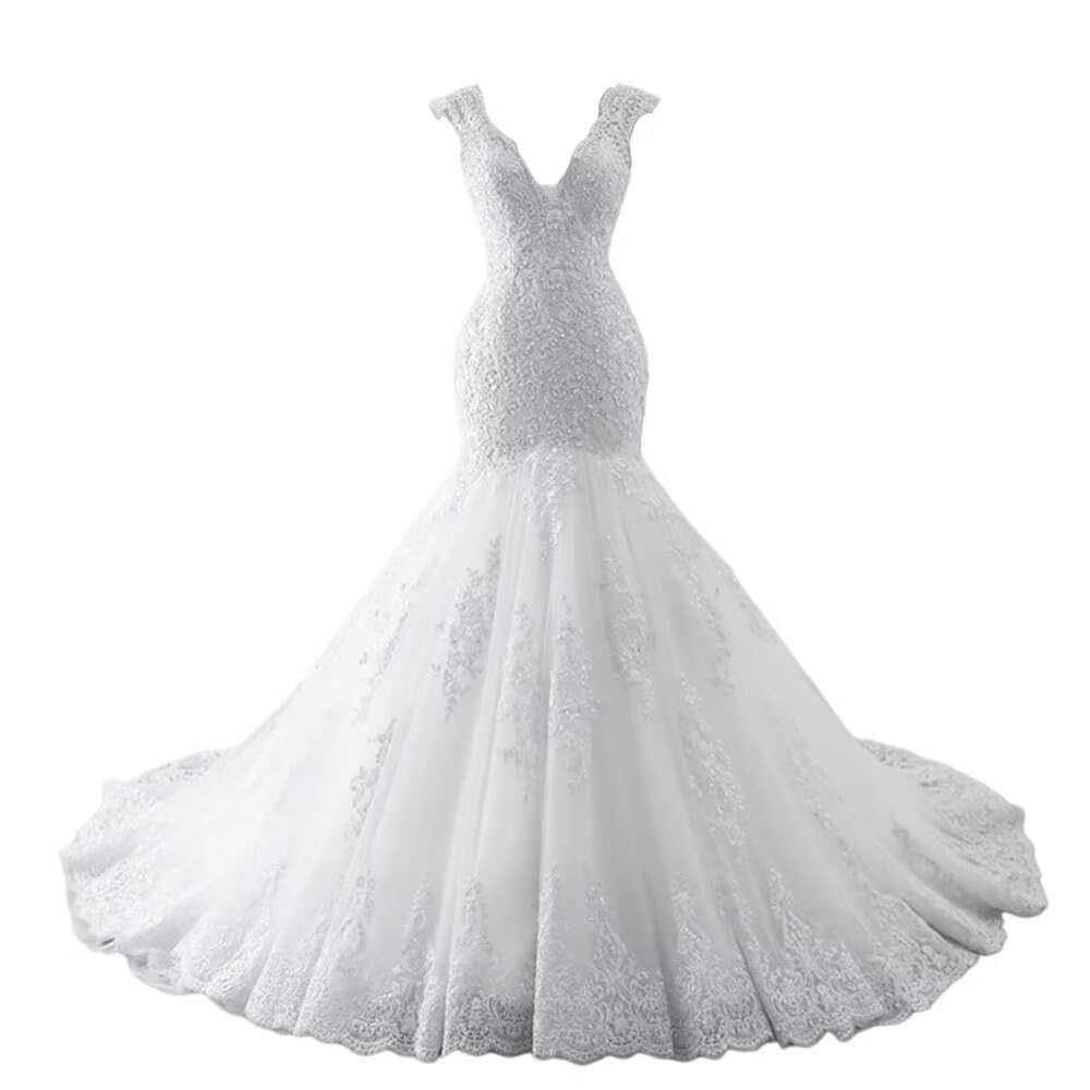 XYAYE V Neck Mermaid Wedding Dress for Bride - Sparkling Sequins & Lace Applique Tulle Bridal Gown with Train - Perfect for Beach, Church, and Formal Wedding Ceremonies
