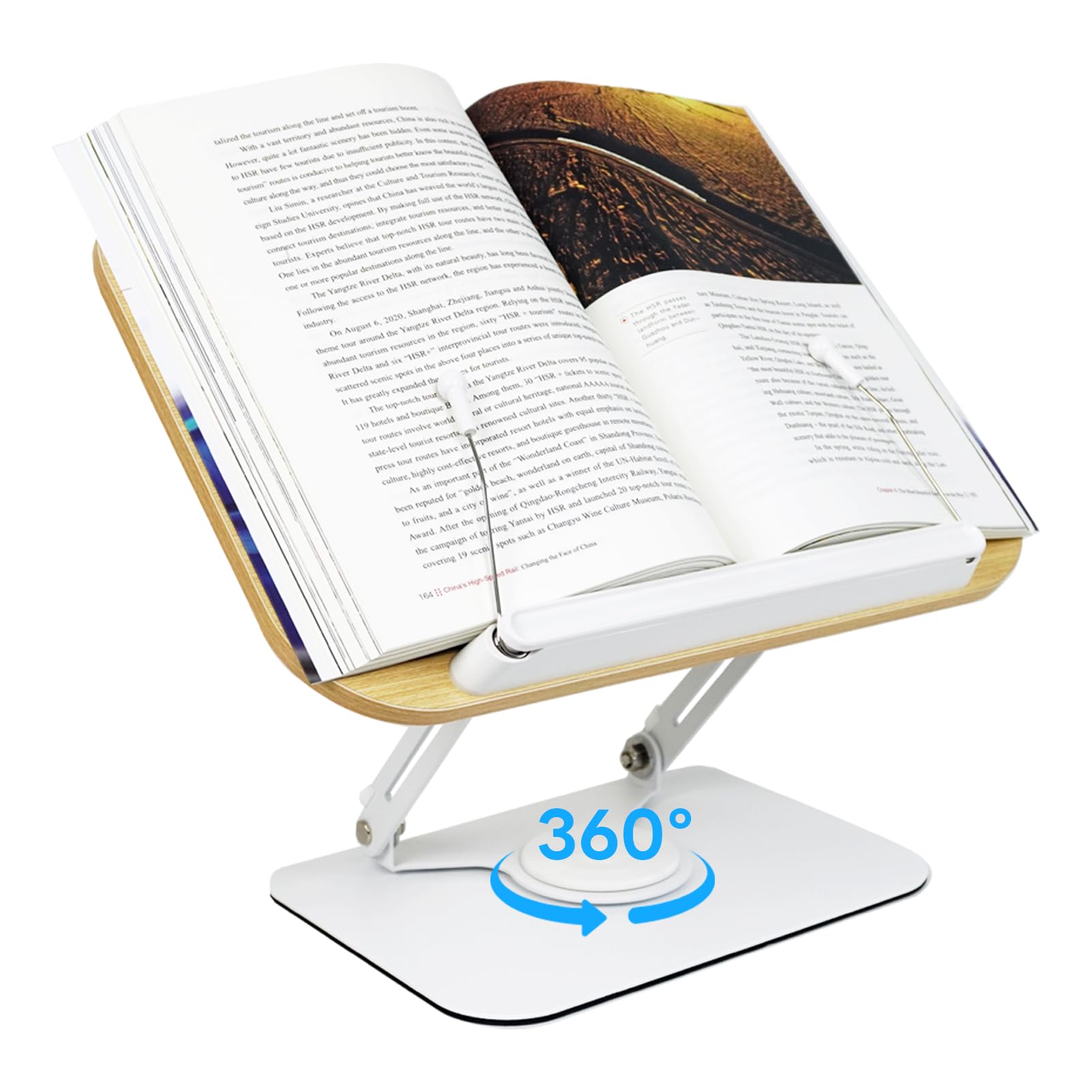 Adjustable Wooden Book Stand for Hands-Free Reading - 360° Swivel Base Desktop Book Holder for Cookbooks, Textbooks, Tablets & Laptops - Perfect for Kitchen, Office, Study & Art Studio Use