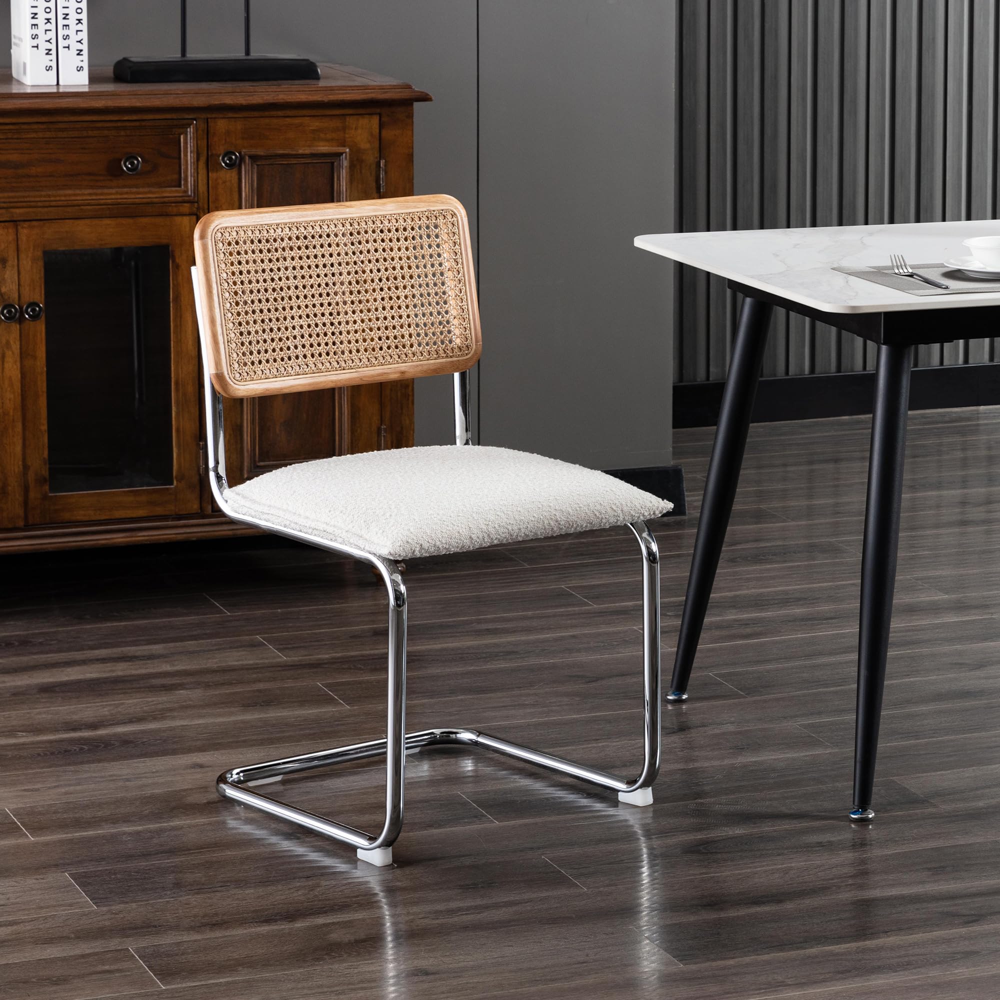 ONEVOG Set of 2 Upholstered Boucle Dining Chairs - Sturdy Rubber Wood Frame with Natural Cane Back & Chrome Base - Comfortable Kitchen Chairs for Dining Room, Club, Waiting Room, Restaurant, Office or Home Decor
