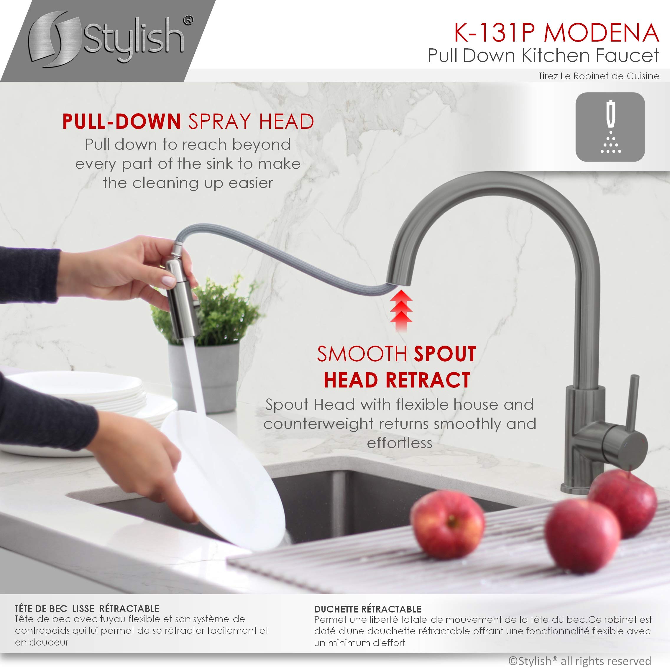Stylish Pull Down Kitchen Faucet - 1 Handle Dual Function Sprayer with Ceramic Cartridge & Aerator | Brushed Gun Metal Stainless Steel (Model K-131P) | Perfect for Modern Kitchens & Easy Dishwashing
