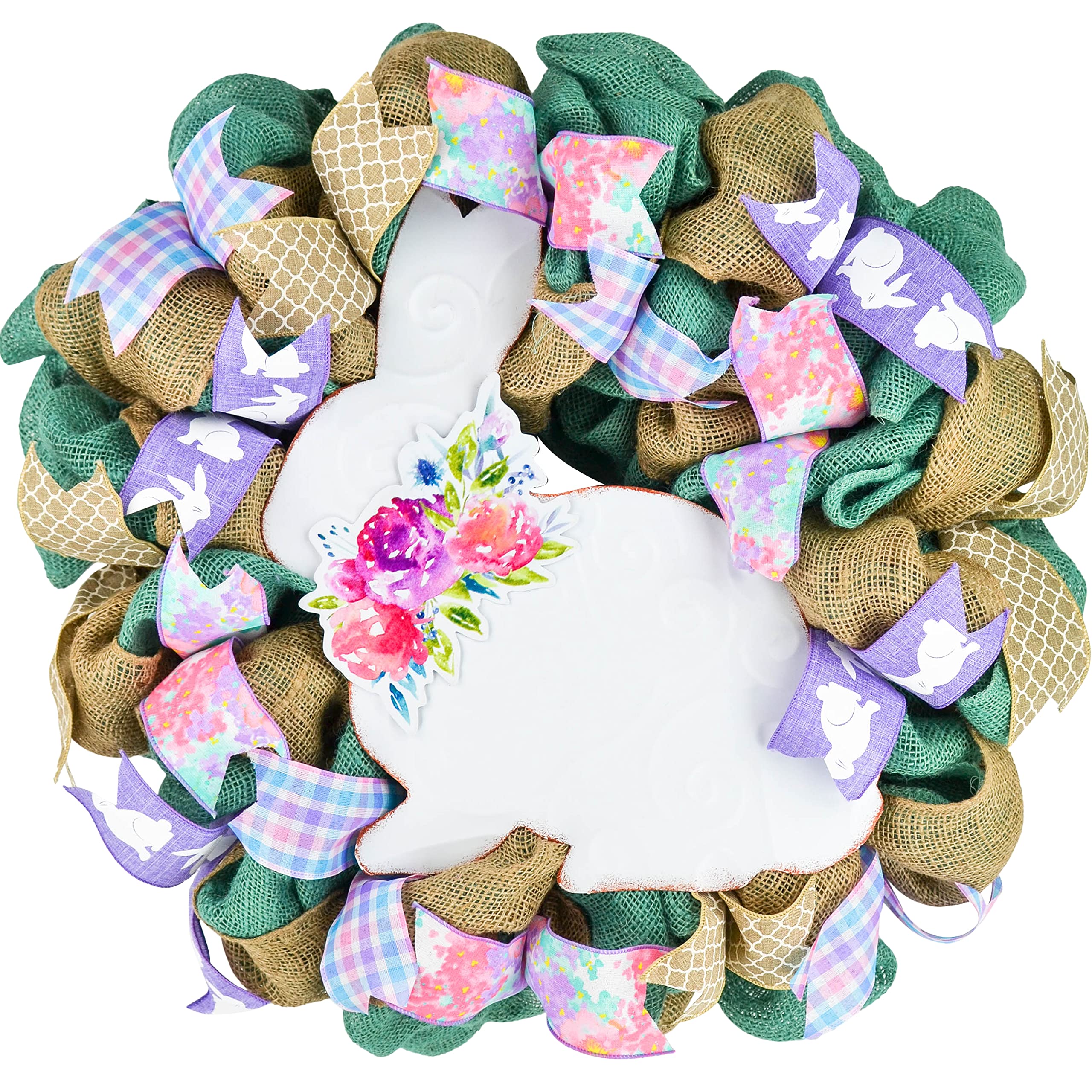 Easter Wreath for Front Door - Floral Bunny Welcome Wreath with Purple Jute Burlap & Pink Flowers - Perfect for Spring Home Decor, Easter Party, and Front Porch Decoration