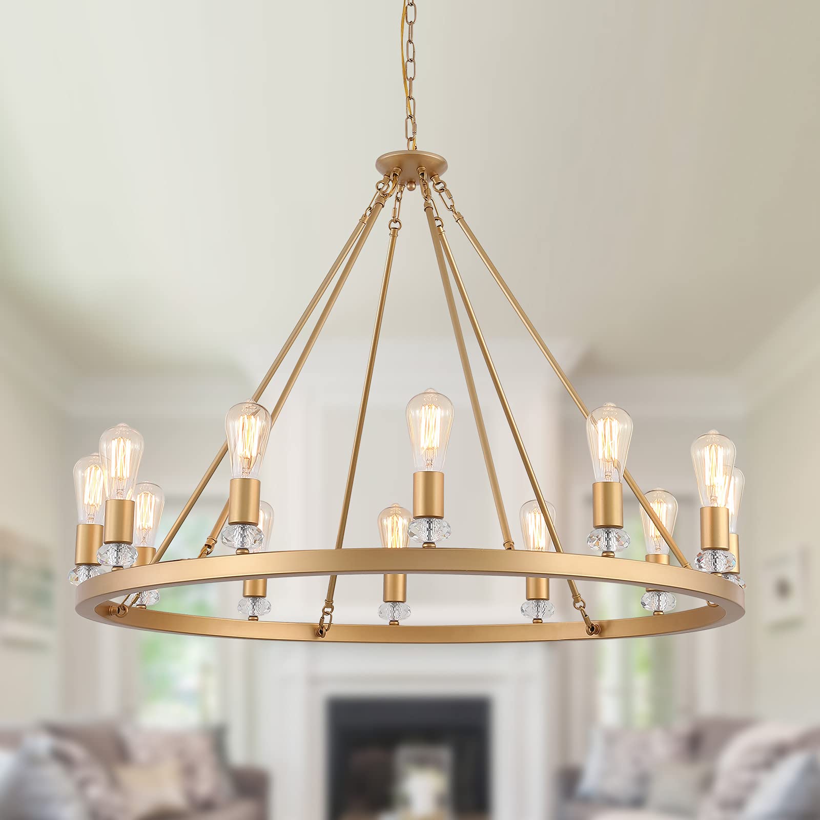Large Modern Wagon Wheel Chandelier - Gold Metal Round Luxury Industrial Country Ceiling Light Fixture - 12-Lights UL Listed - Perfect for Dining Room, Living Room, Foyer & Entryway (40.55