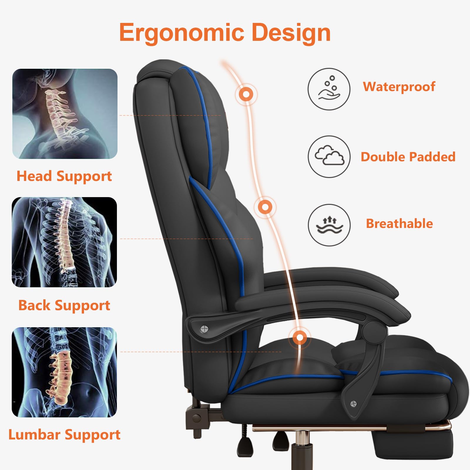 Premium Ergonomic Executive Office Chair - PU Leather High Back Computer & Gaming Chair with Adjustable Height, Footrest & Wheels - Black - Perfect for Home Office, Gaming Setup & Professional Workspaces