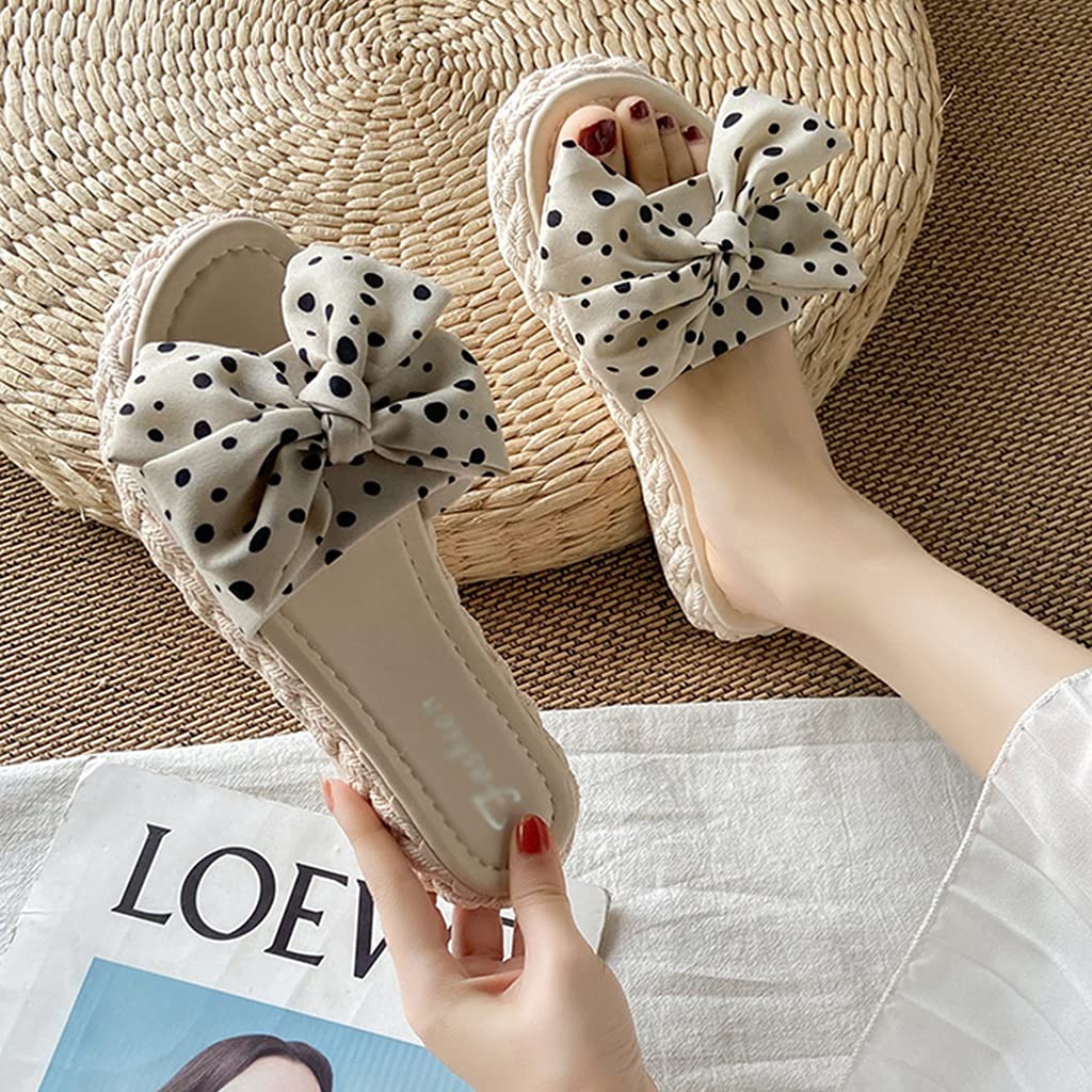 Women's Leather Bow Sandals with Cork Sole - Comfortable Square Toe Flip Flops for Beach, Home & Travel (White, Size EUR36) - Perfect for Summer Vacation, Poolside Lounging and Casual Outings