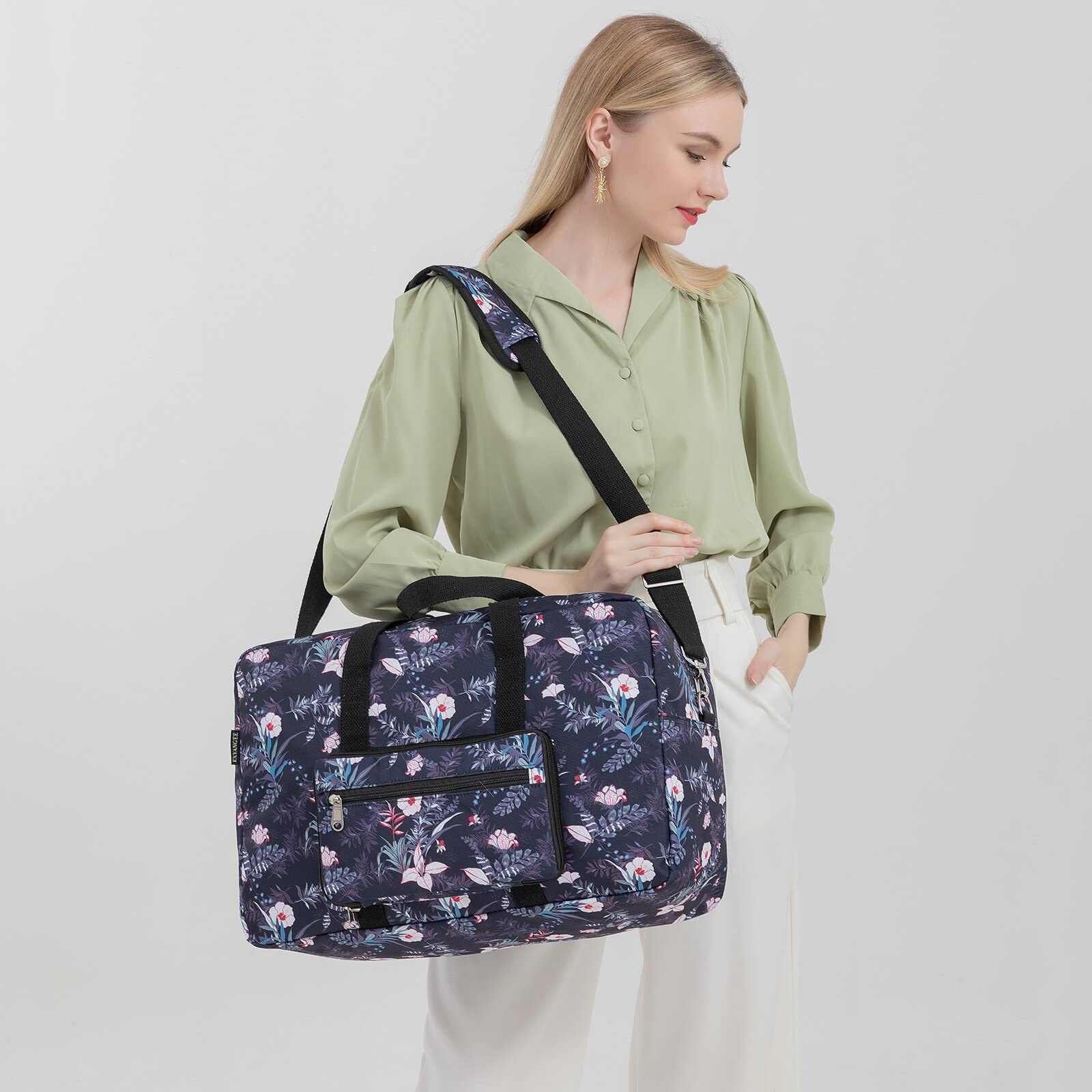 Foldable Travel Duffel Bag for Women - Medium Weekender Overnight Carry On Luggage with Black Floral Pattern | Perfect for Gym, Beach Trips & Weekend Getaways