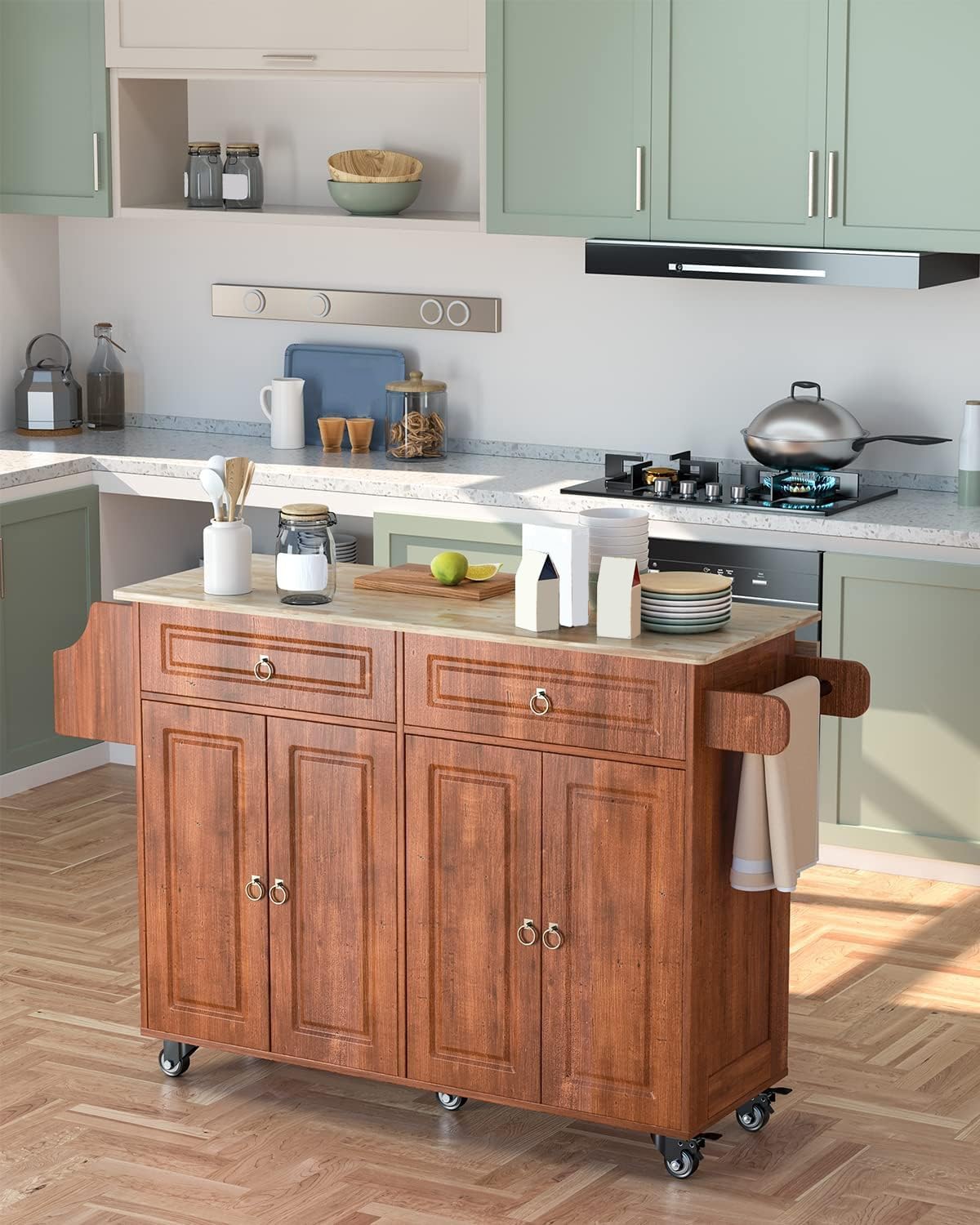 Brown Kitchen Island Cart with Drop Leaf, 2 Drawers & Spice Rack - Mobile Storage Cabinet with Towel Holder for Small Spaces - Perfect for Apartments, Dorms & Compact Kitchens