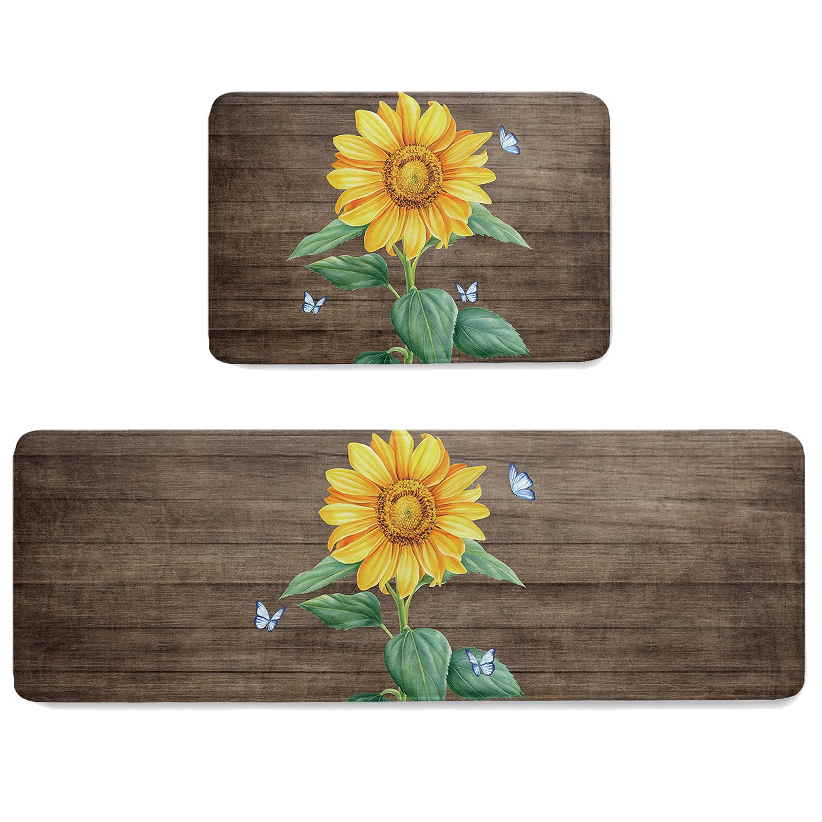 Anti-Fatigue Kitchen Mats Set of 2 - Non-Slip Cushioned Standing Rugs with Watercolor Sunflower & Butterfly Design - Washable Vintage Wood Plank Floor Mat for Bedroom, Bathroom, Office - Perfect for Long Standing Comfort While Cooking or Working