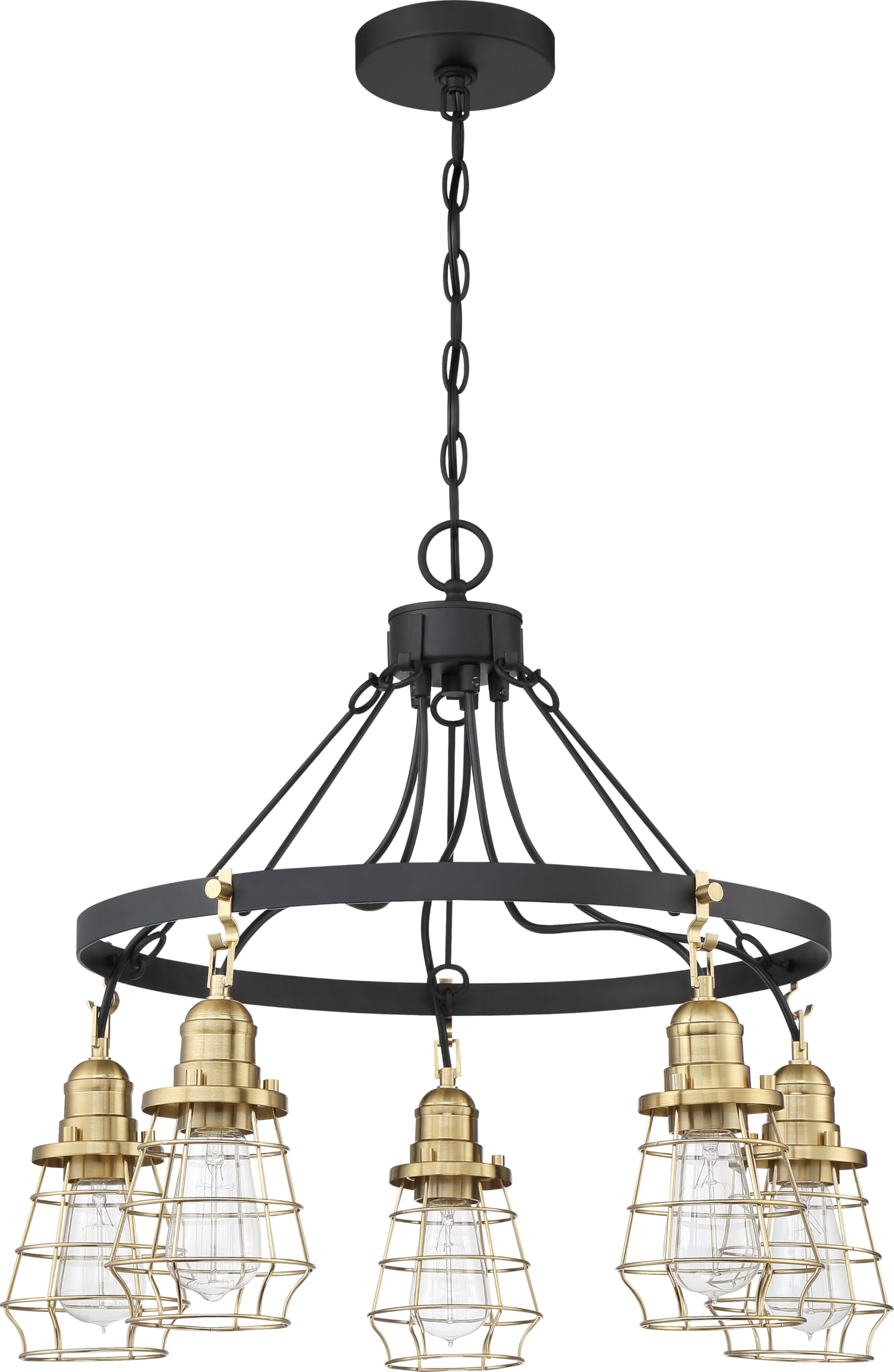 Craftmade 50625-FBSB Vintage Industrial Metal Wire Cage Chandelier - 5-Light 500W Flat Black/Satin Brass - Perfect for Farmhouse, Loft & Industrial Style Dining Room Lighting